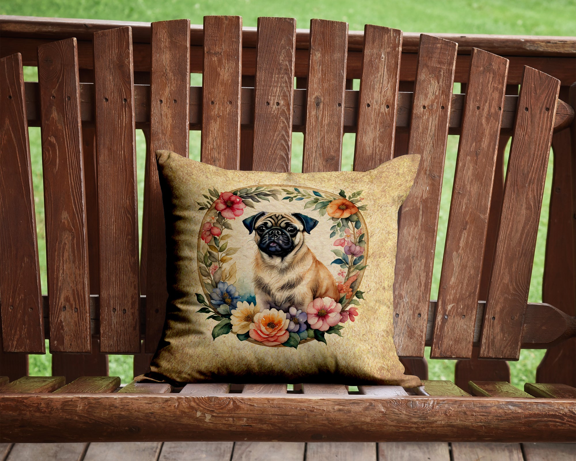 Buy this Fawn Pug and Flowers Fabric Decorative Pillow