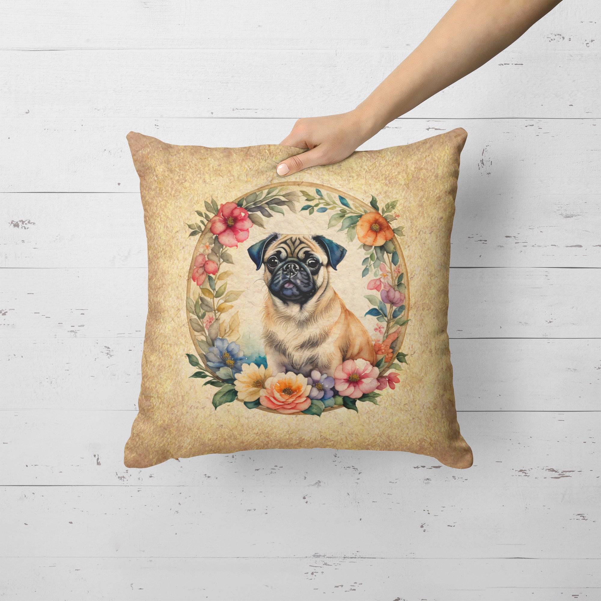 Buy this Fawn Pug and Flowers Fabric Decorative Pillow