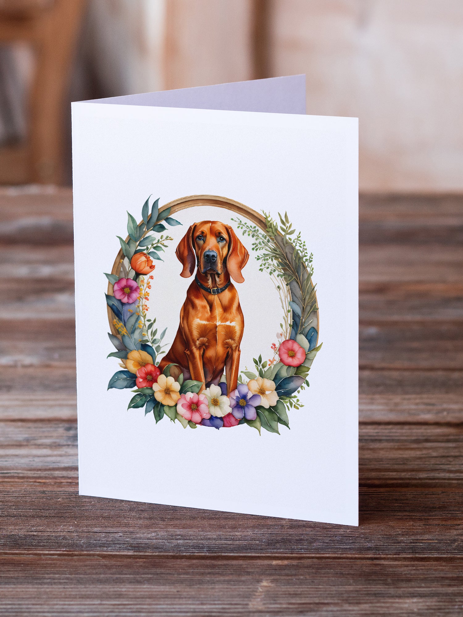 Redbone Coonhound and Flowers Greeting Cards and Envelopes Pack of 8  the-store.com.