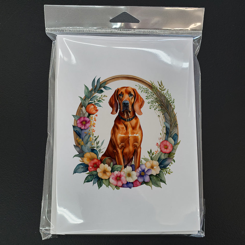 Redbone Coonhound and Flowers Greeting Cards and Envelopes Pack of 8  the-store.com.