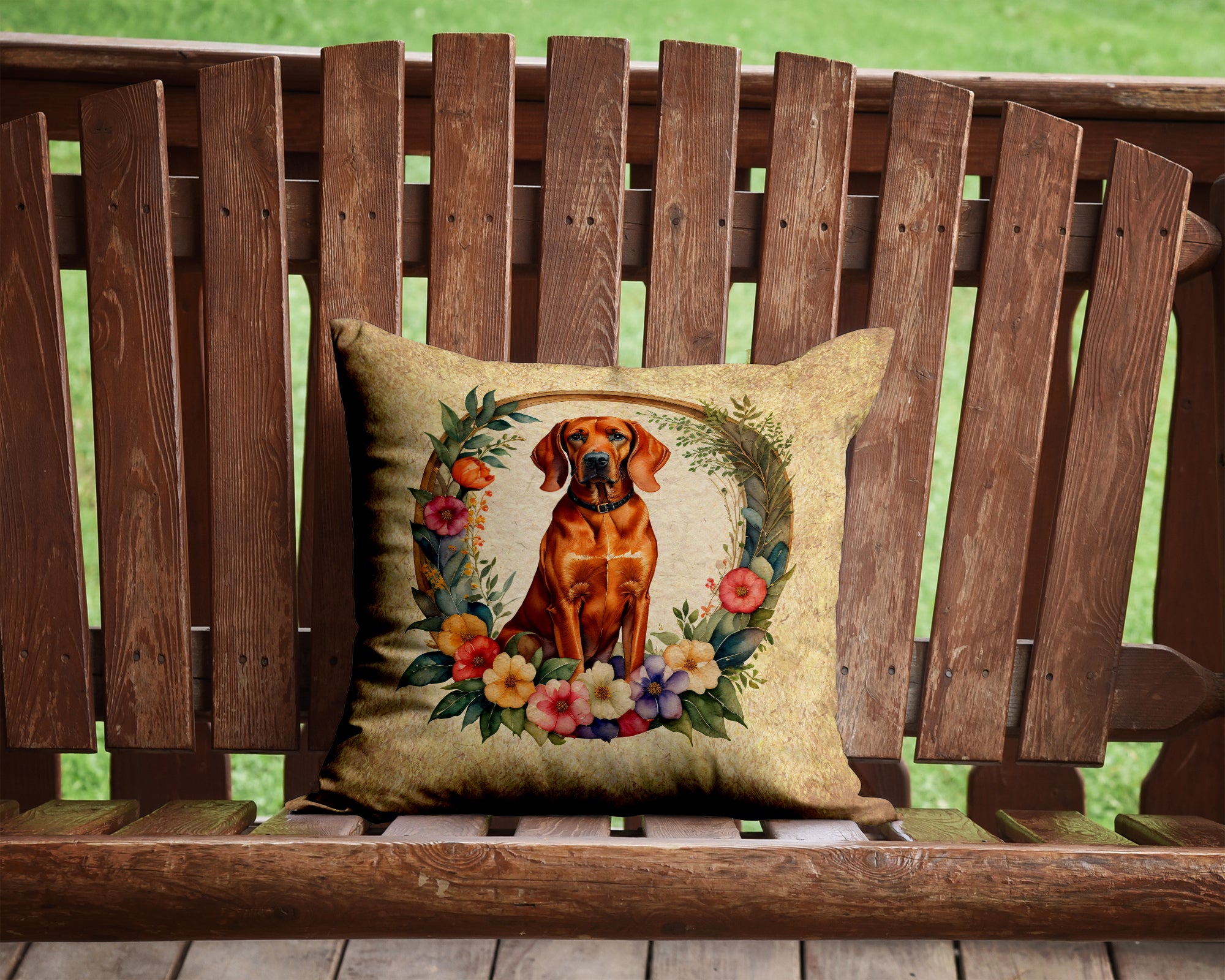 Redbone Coonhound and Flowers Fabric Decorative Pillow  the-store.com.