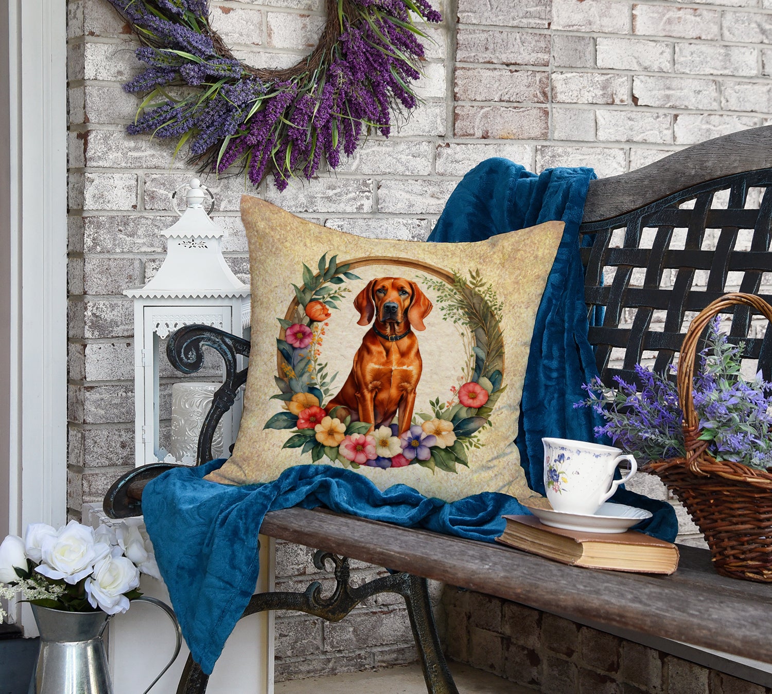 Redbone Coonhound and Flowers Fabric Decorative Pillow  the-store.com.