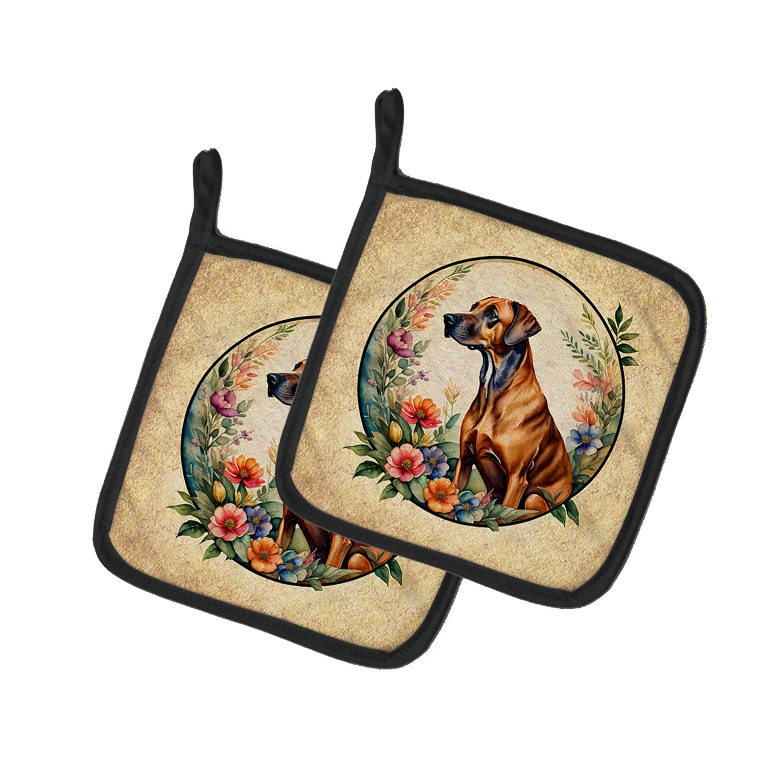 Buy this Rhodesian Ridgeback and Flowers Pair of Pot Holders