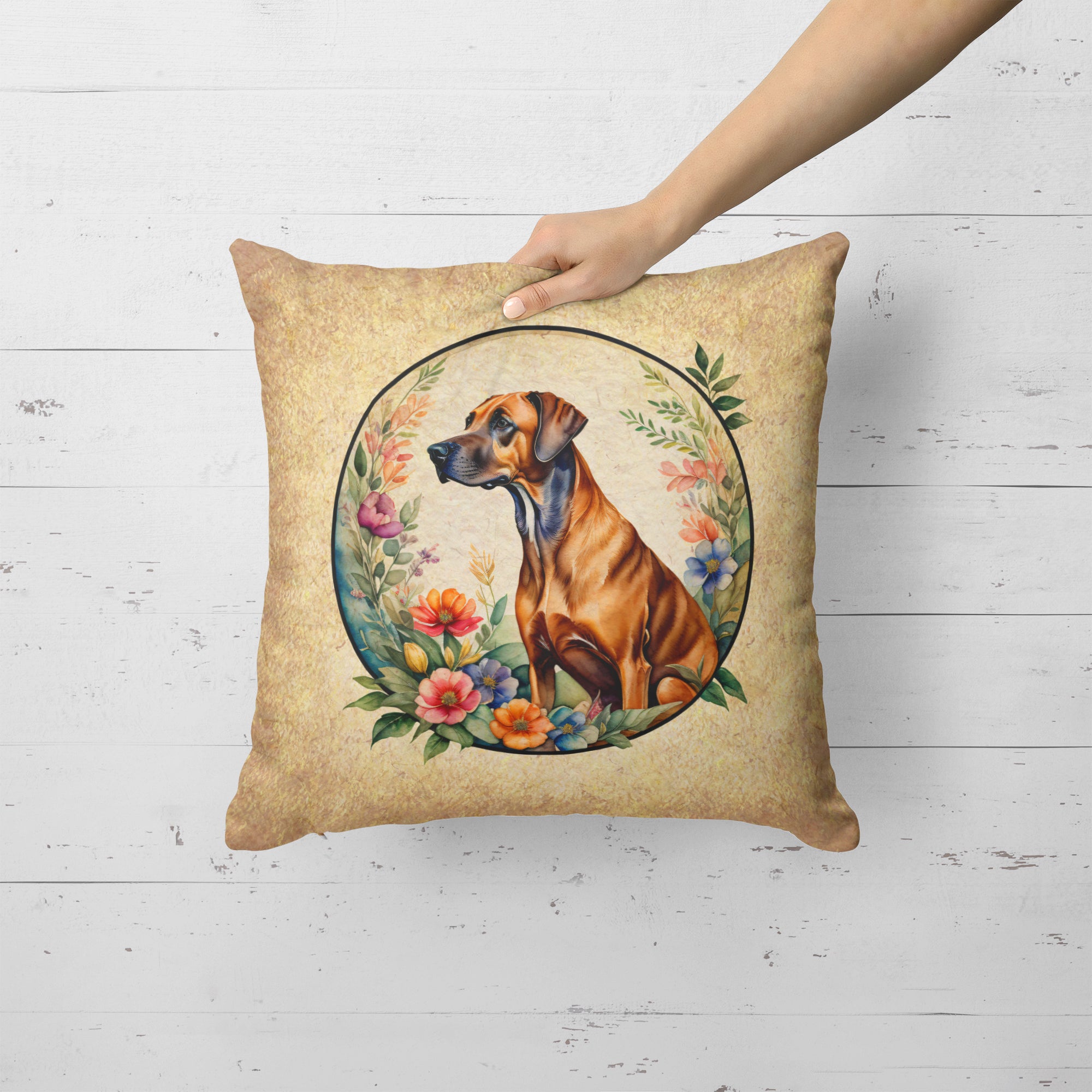 Rhodesian Ridgeback and Flowers Fabric Decorative Pillow  the-store.com.