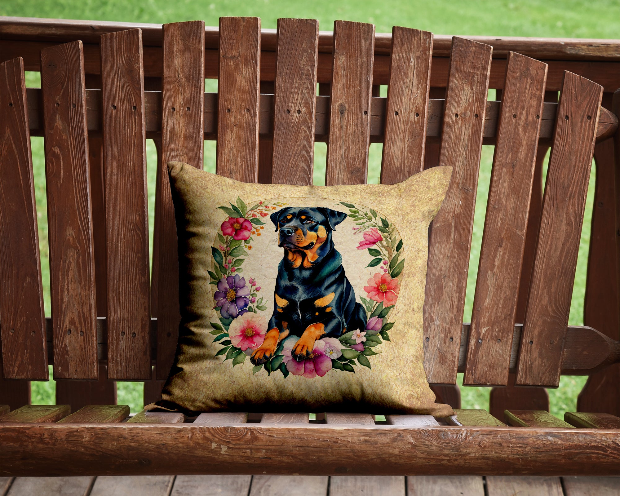 Rottweiler and Flowers Fabric Decorative Pillow  the-store.com.
