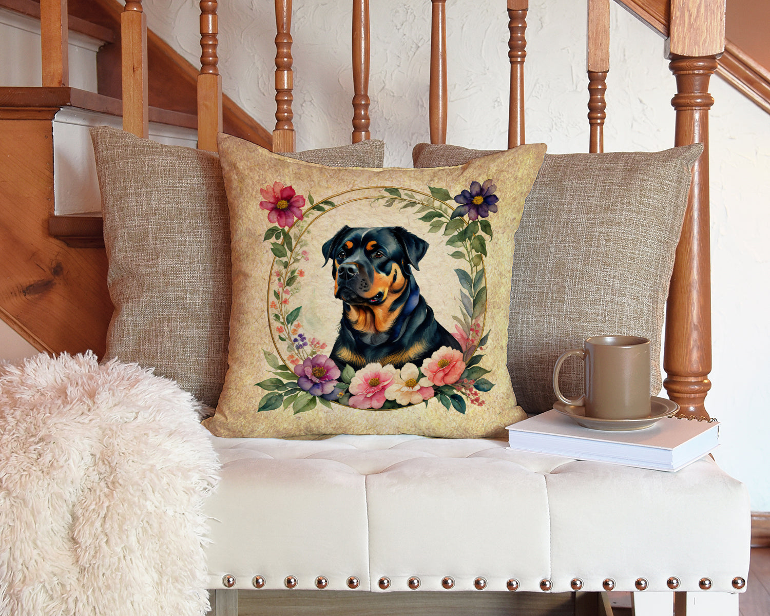 Rottweiler and Flowers Fabric Decorative Pillow