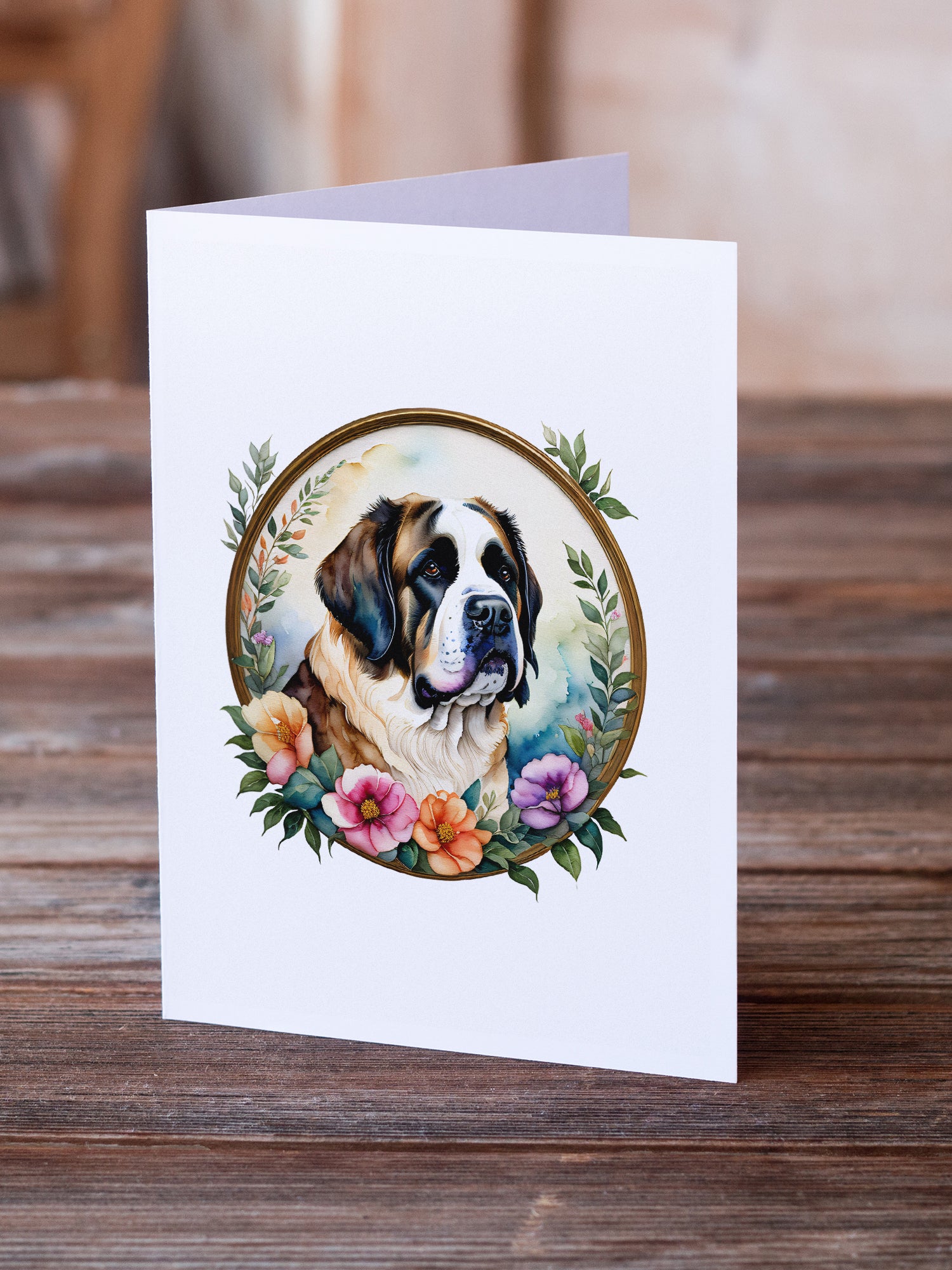 Saint Bernard and Flowers Greeting Cards and Envelopes Pack of 8  the-store.com.