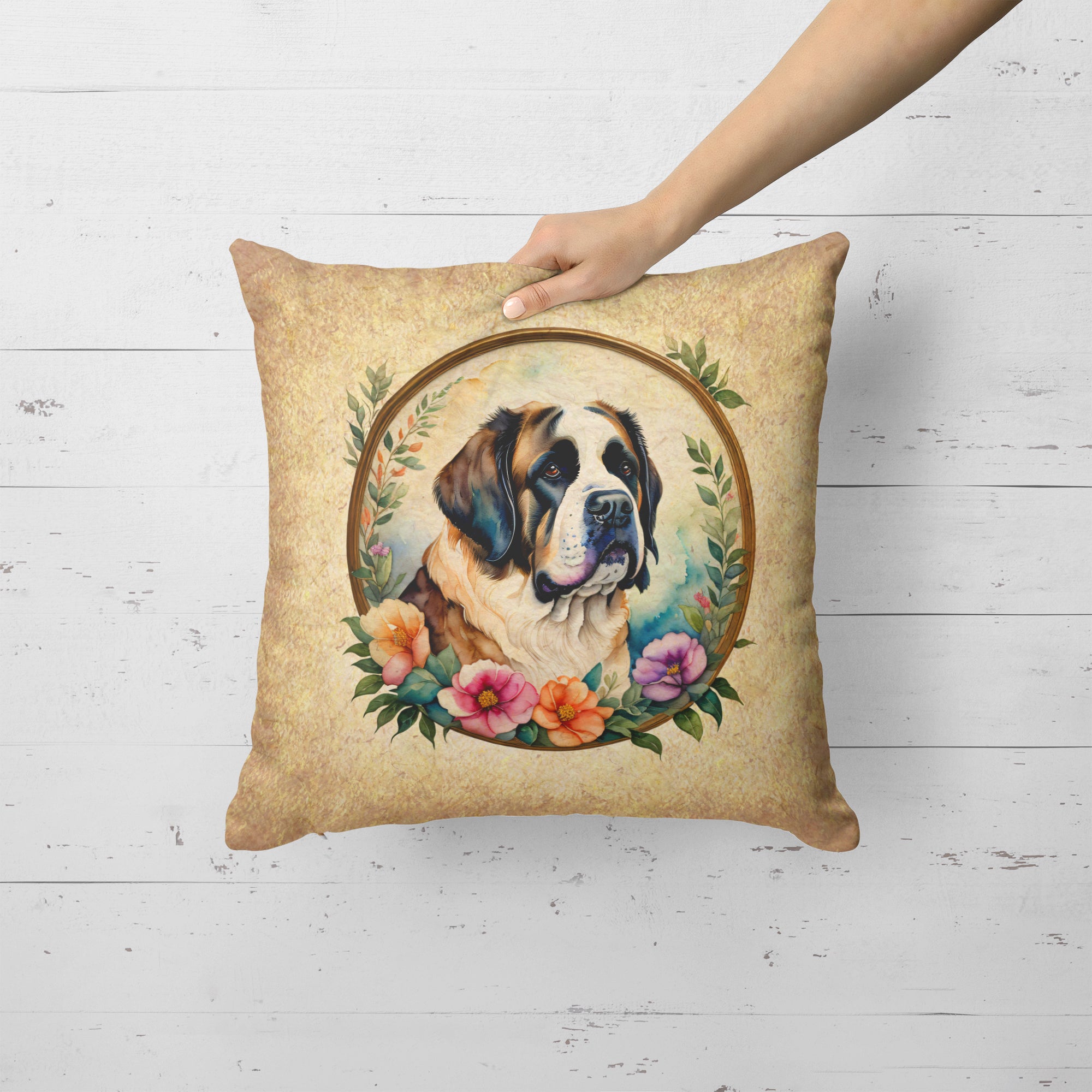 Saint Bernard and Flowers Fabric Decorative Pillow