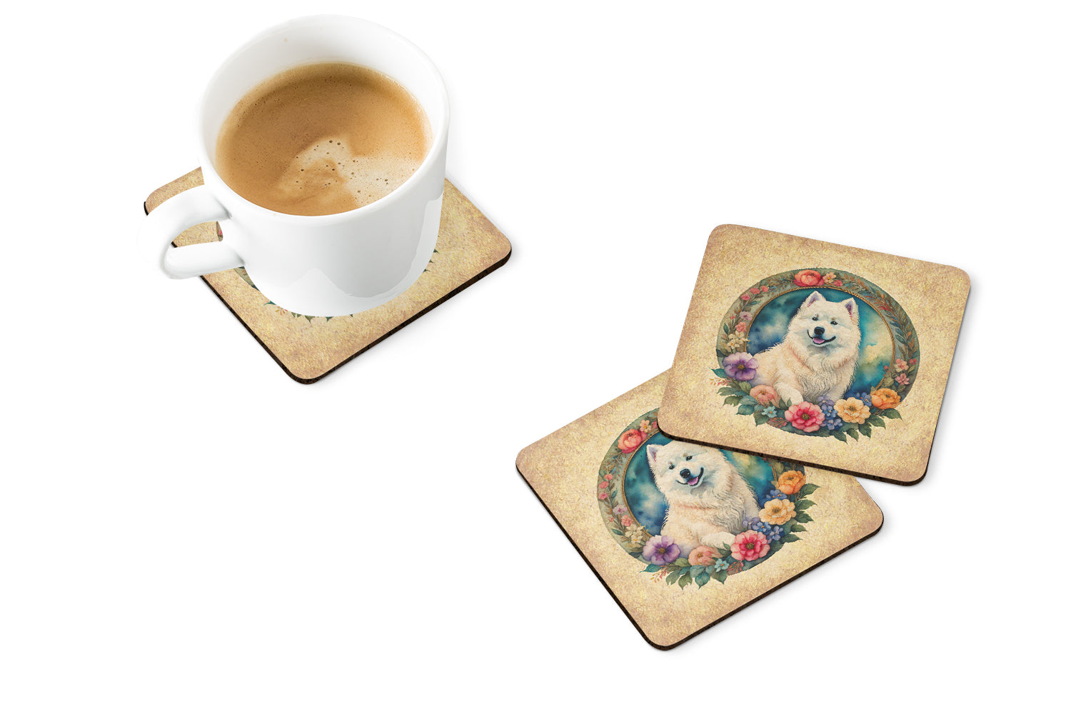 Samoyed and Flowers Foam Coasters  the-store.com.