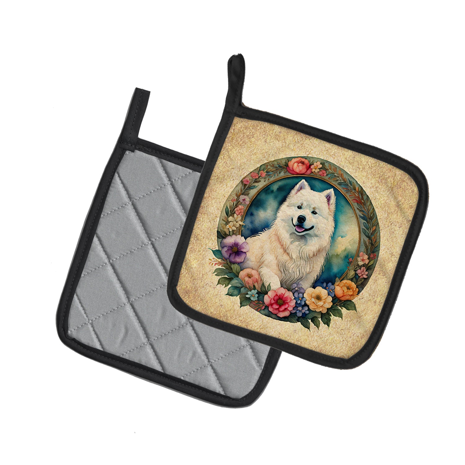 Samoyed and Flowers Pair of Pot Holders  the-store.com.
