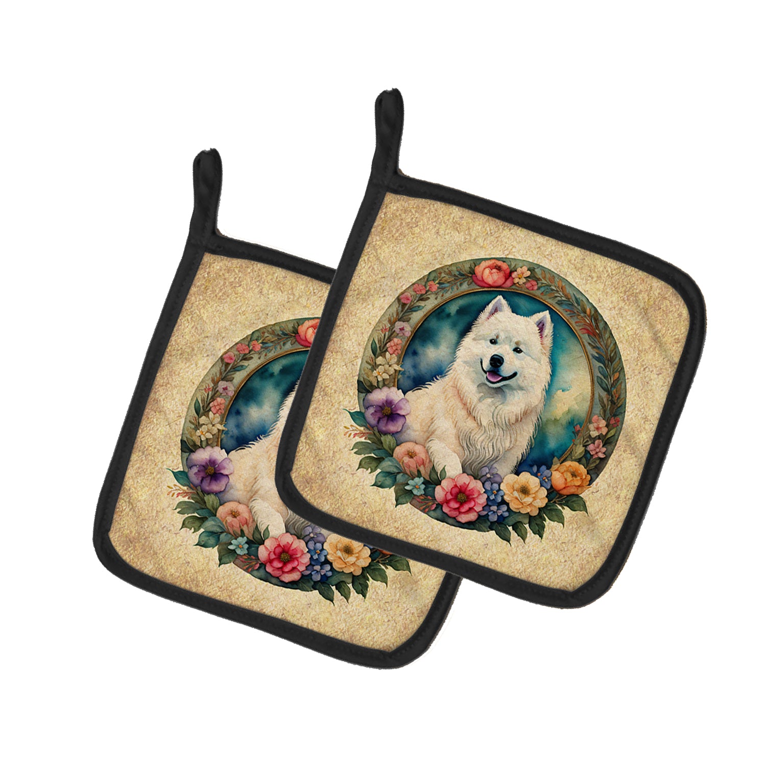 Buy this Samoyed and Flowers Pair of Pot Holders