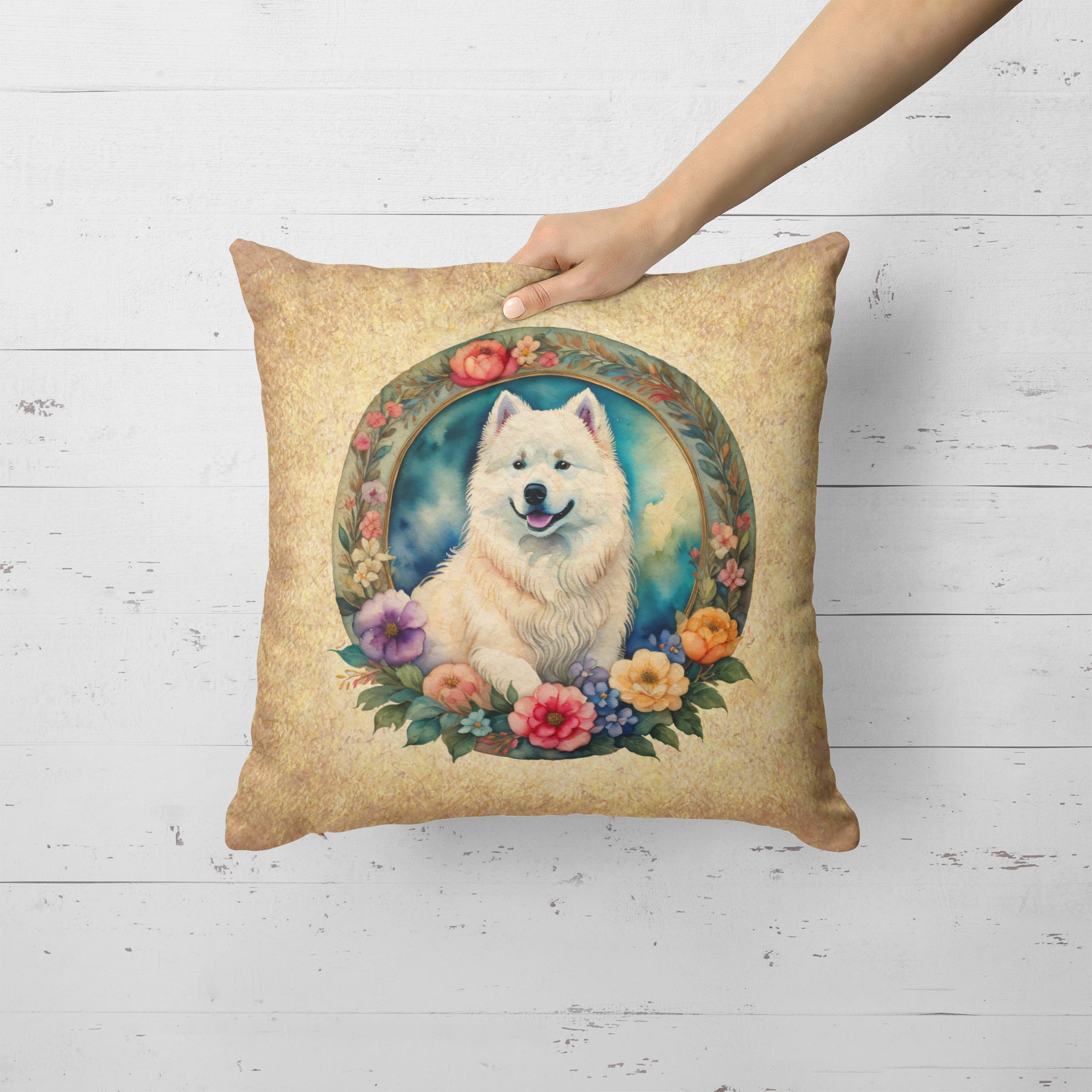 Samoyed and Flowers Fabric Decorative Pillow  the-store.com.