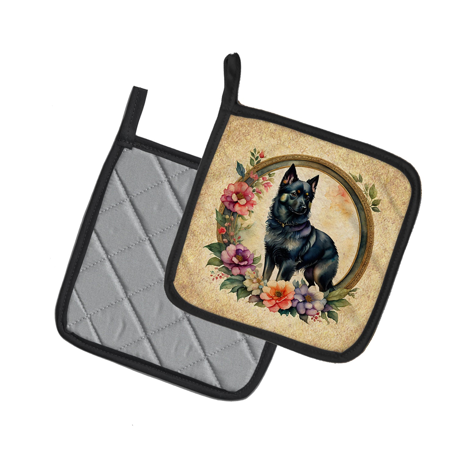 Schipperke and Flowers Pair of Pot Holders