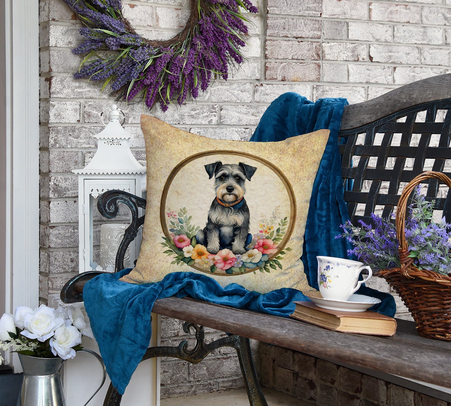 Schnauzer and Flowers Fabric Decorative Pillow  the-store.com.