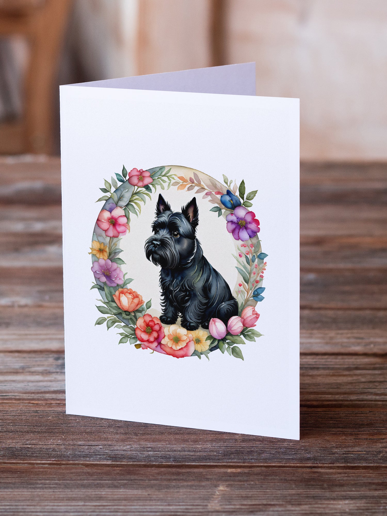 Scottish Terrier and Flowers Greeting Cards and Envelopes Pack of 8