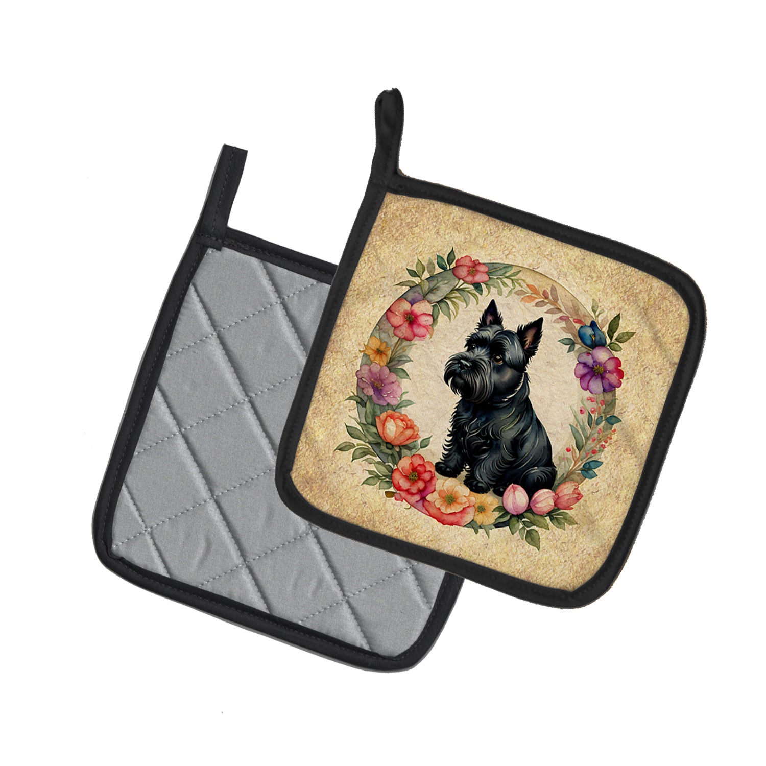 Scottish Terrier and Flowers Pair of Pot Holders  the-store.com.