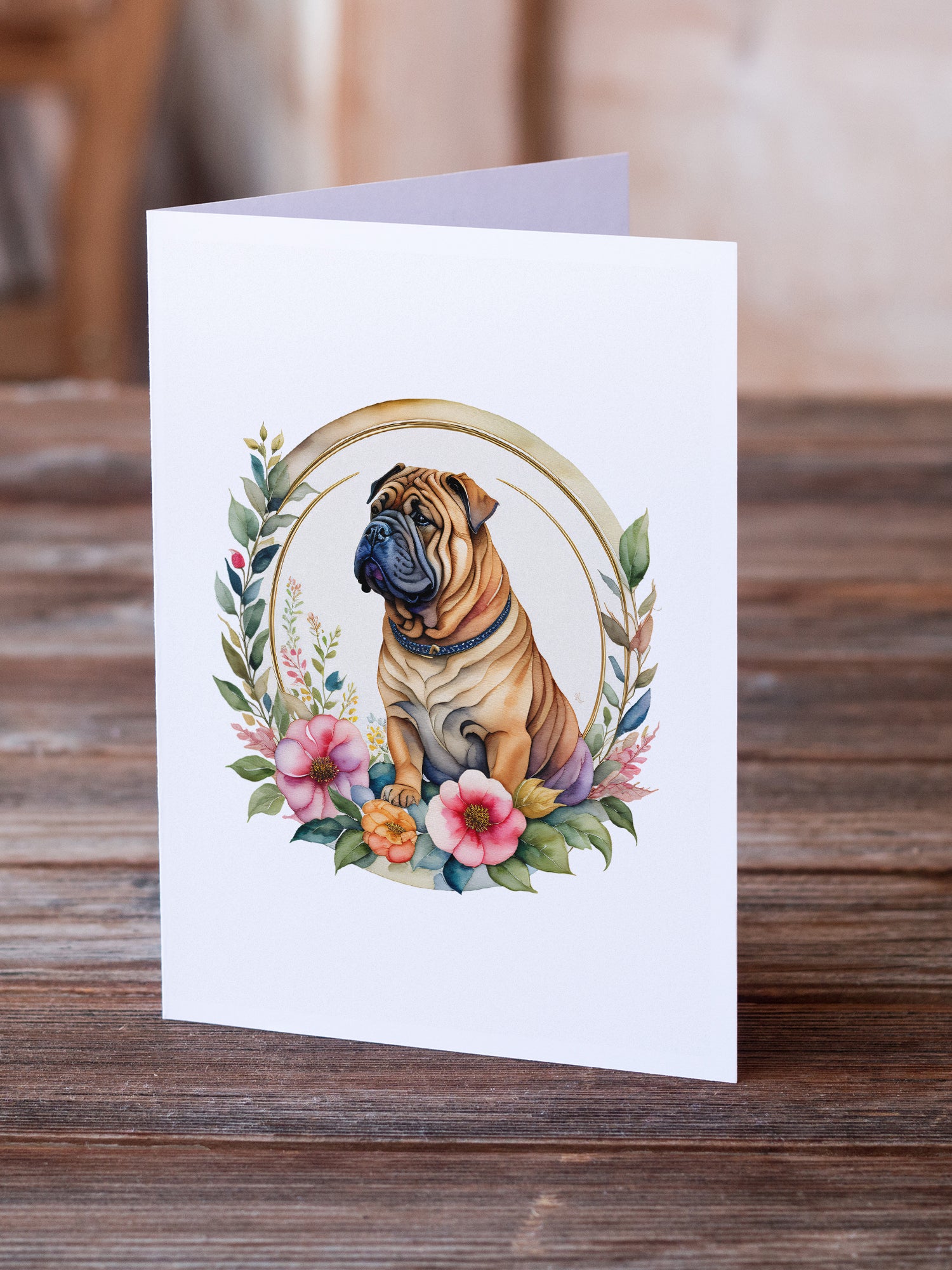 Buy this Shar Pei and Flowers Greeting Cards and Envelopes Pack of 8