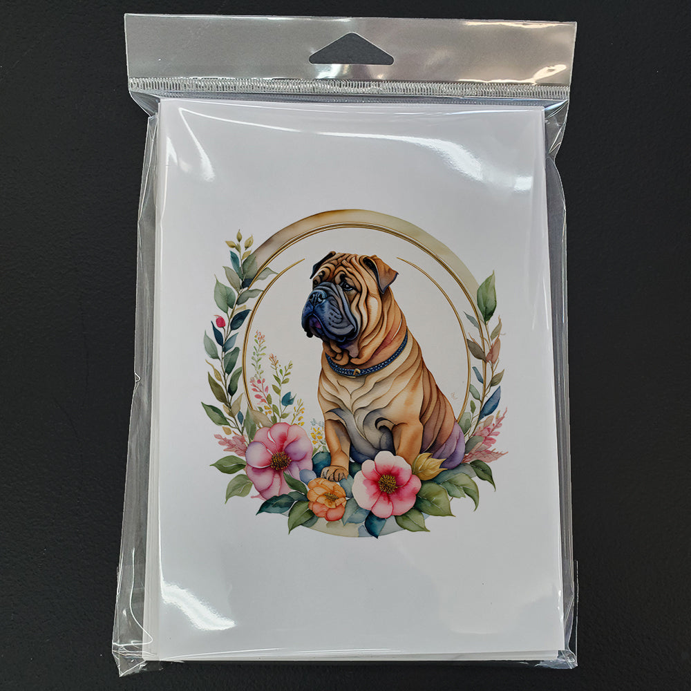 Shar Pei and Flowers Greeting Cards and Envelopes Pack of 8  the-store.com.