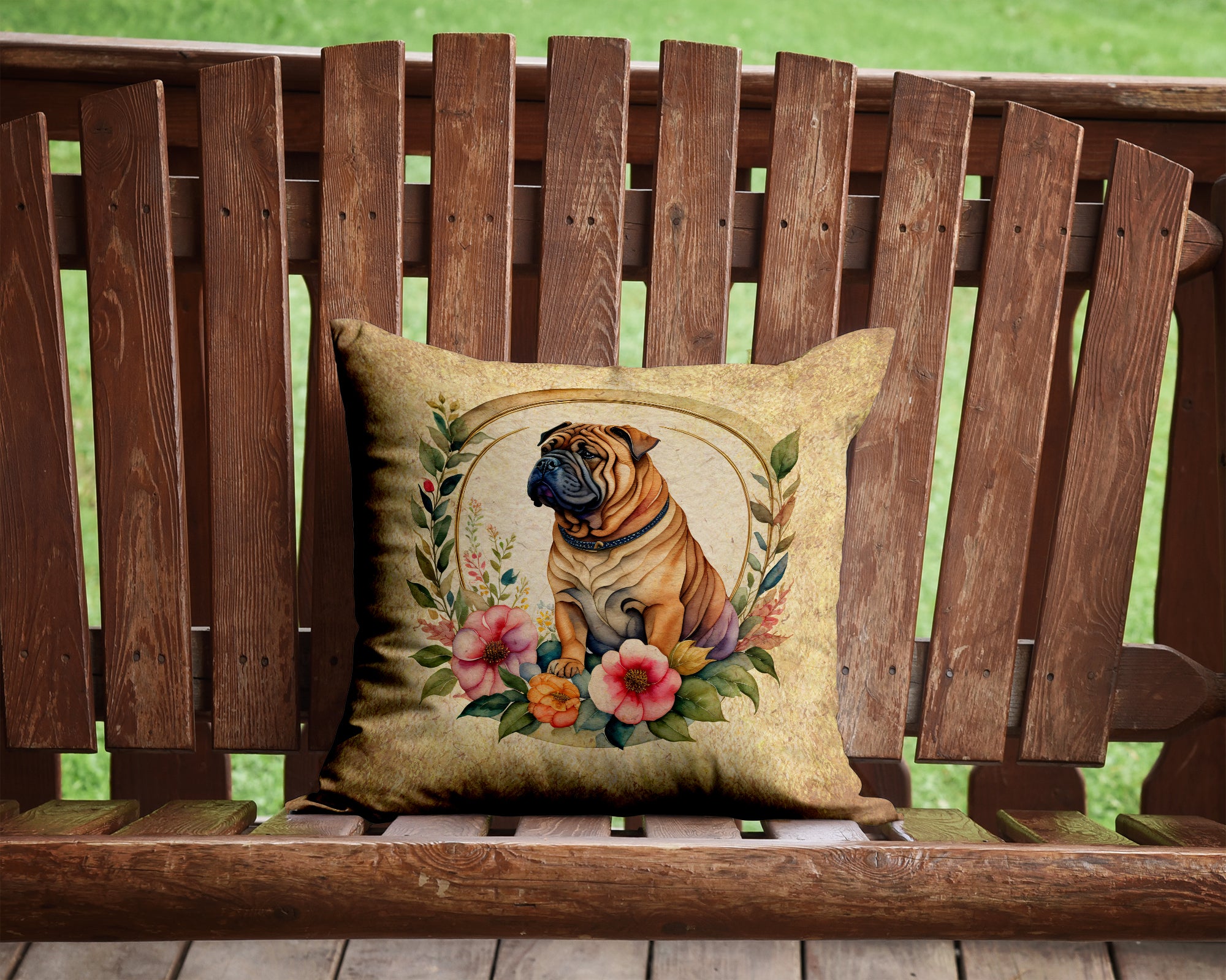 Buy this Shar Pei and Flowers Fabric Decorative Pillow