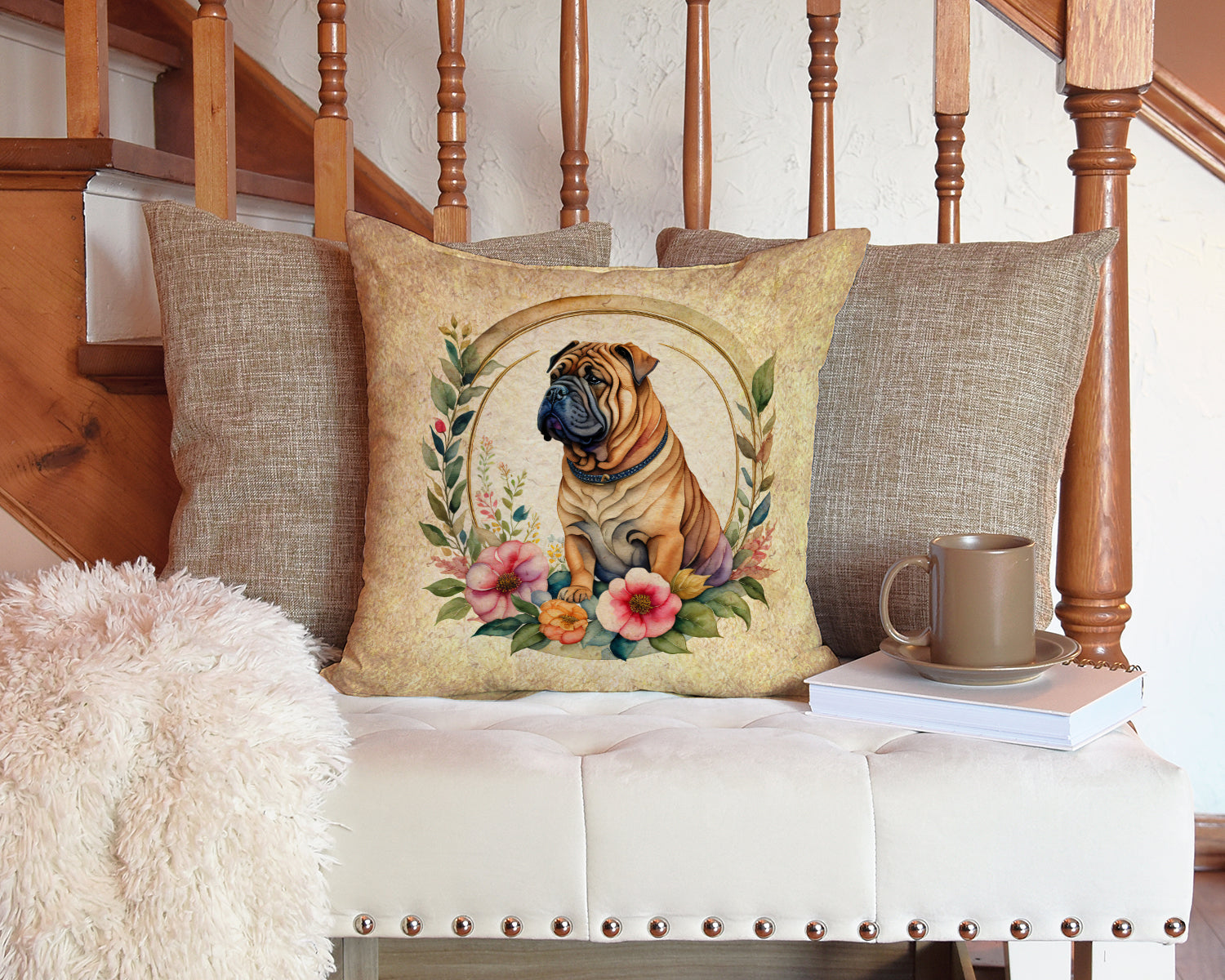 Shar Pei and Flowers Fabric Decorative Pillow  the-store.com.