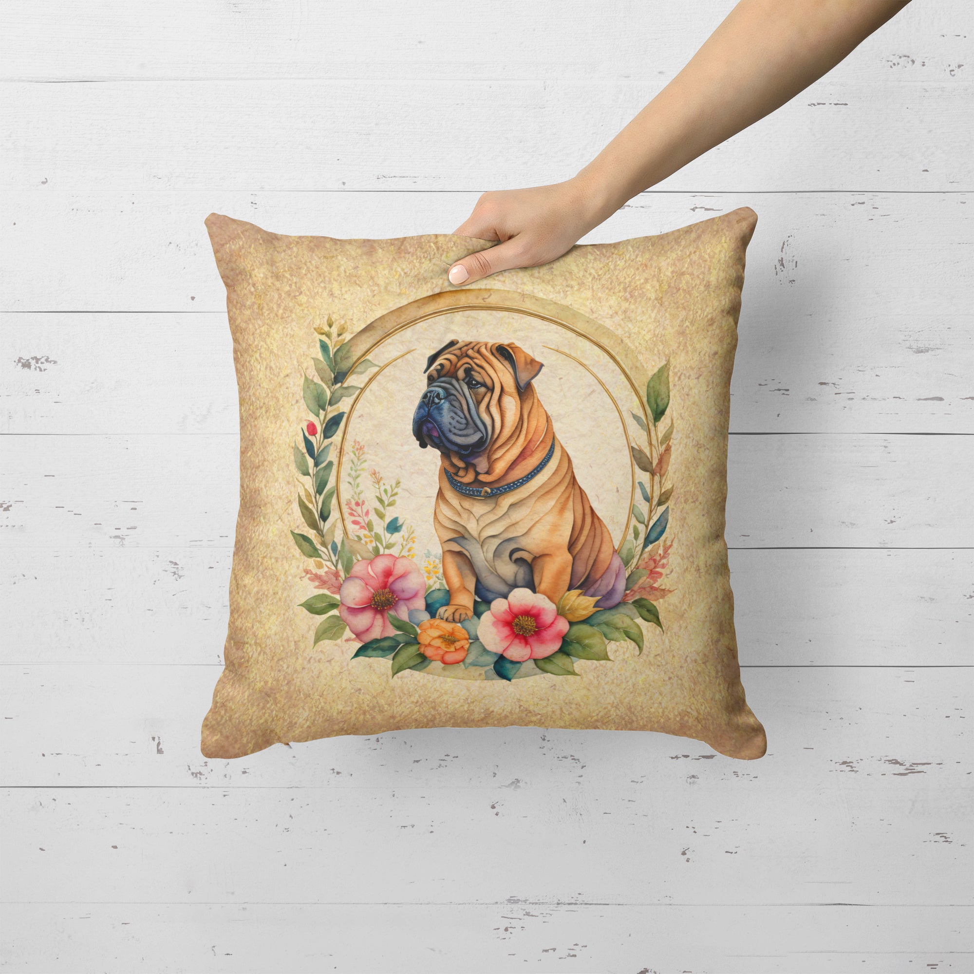 Buy this Shar Pei and Flowers Fabric Decorative Pillow