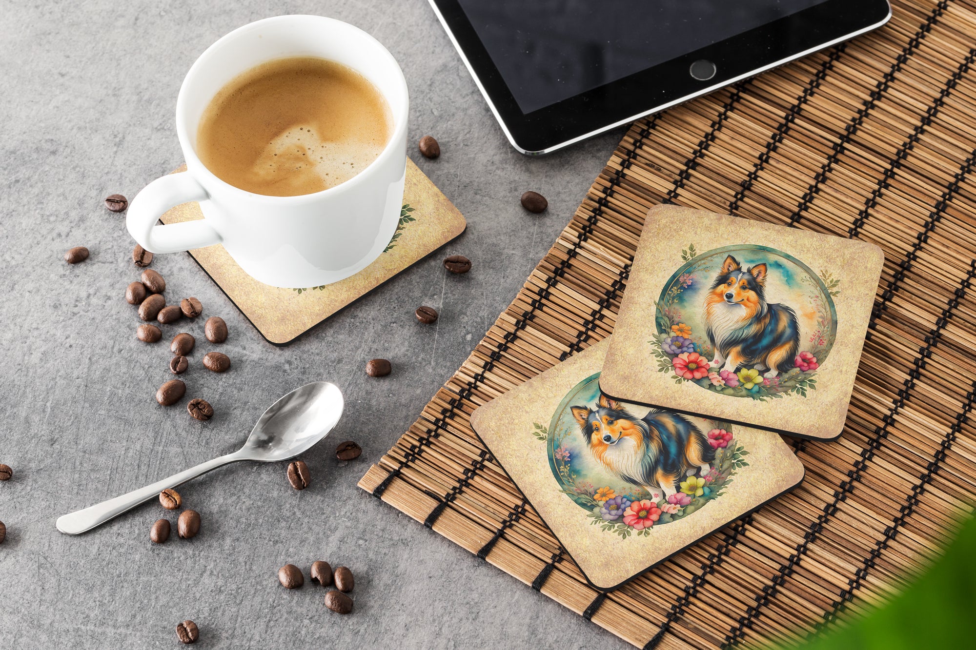 Sheltie and Flowers Foam Coasters  the-store.com.