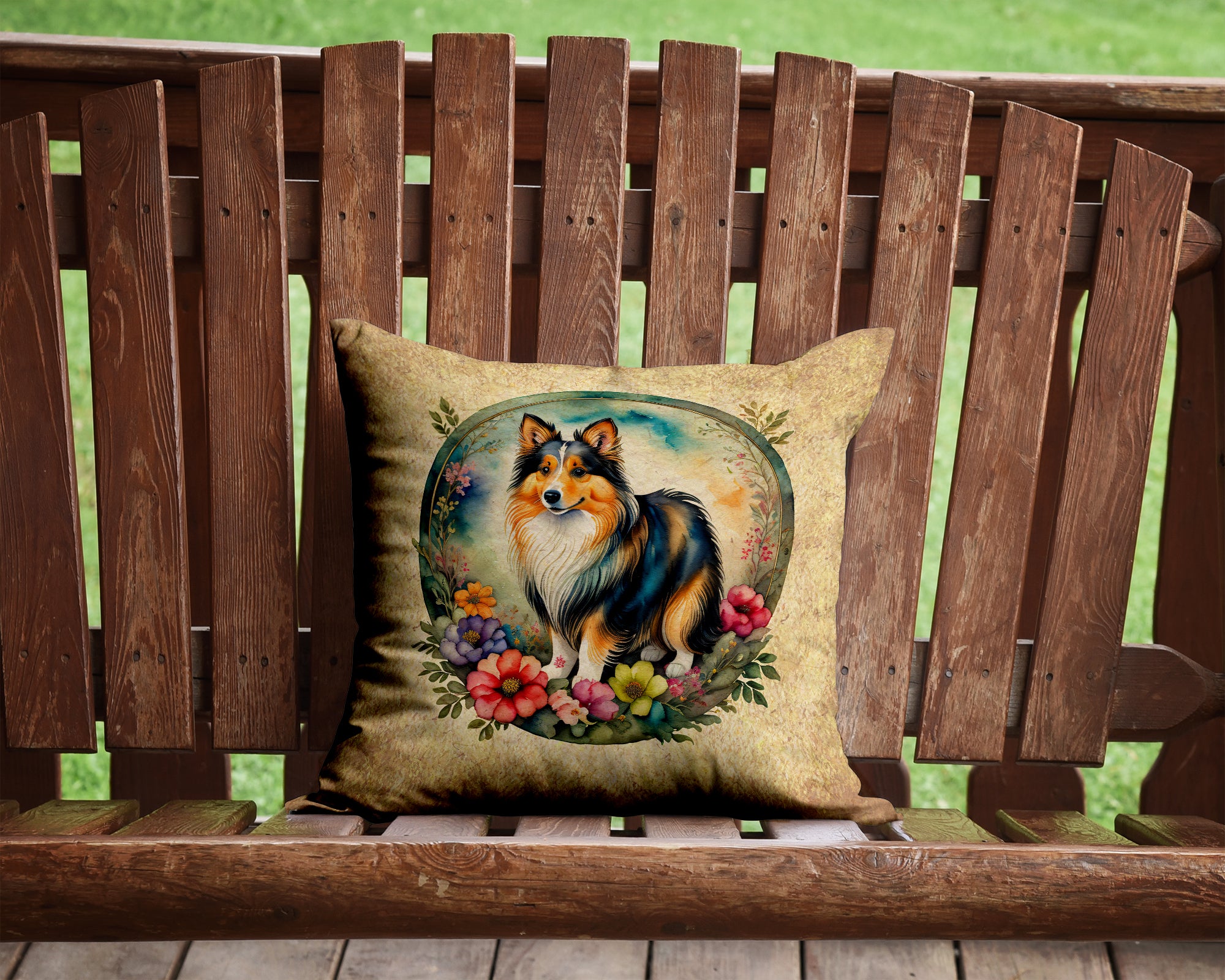 Buy this Sheltie and Flowers Fabric Decorative Pillow