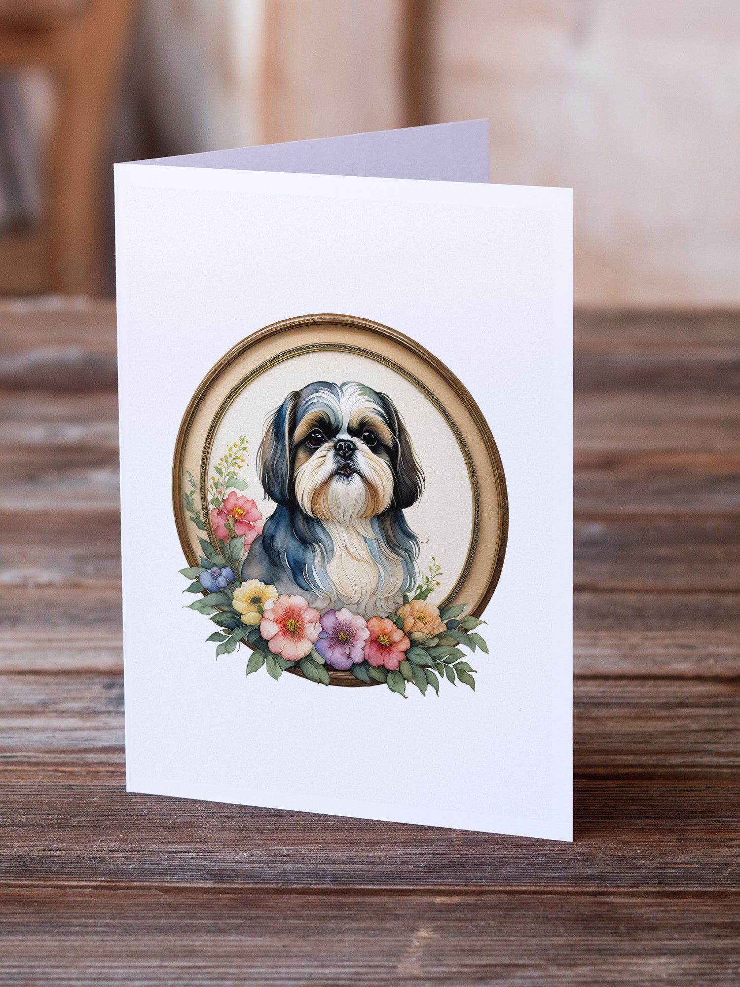 Shih Tzu and Flowers Greeting Cards and Envelopes Pack of 8  the-store.com.