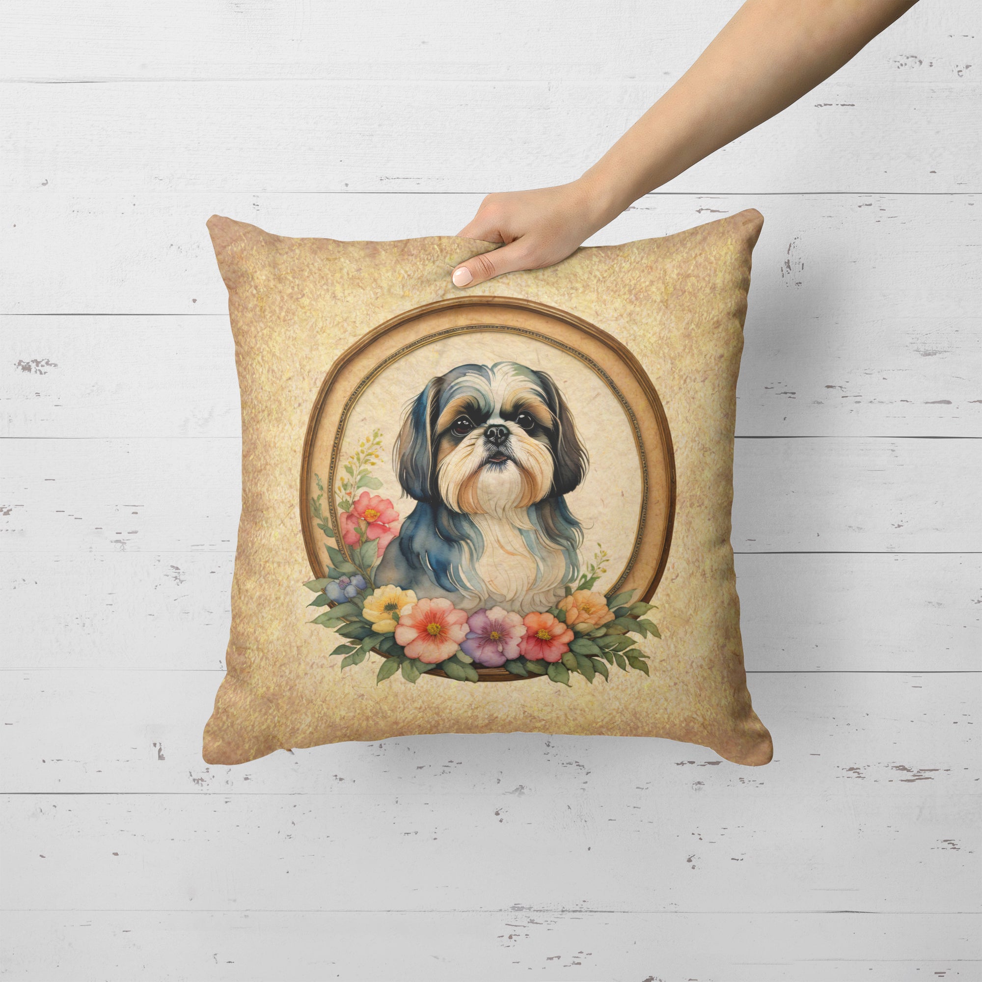 Shih Tzu and Flowers Fabric Decorative Pillow  the-store.com.