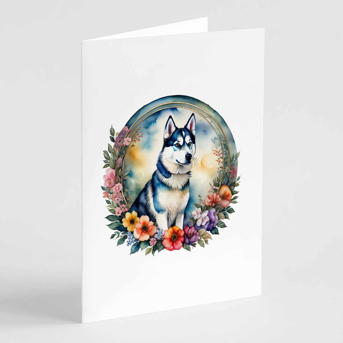 Buy this Siberian Husky and Flowers Greeting Cards and Envelopes Pack of 8