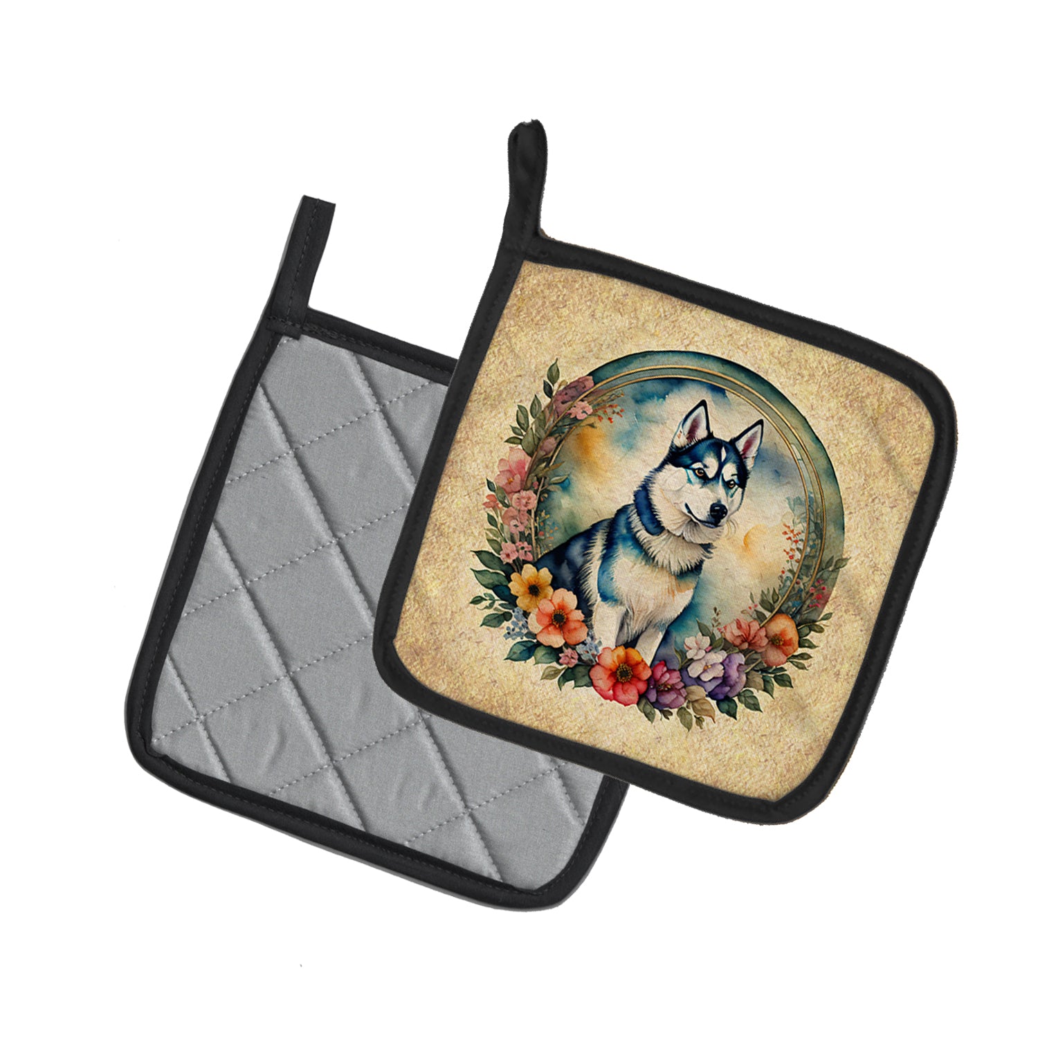 Buy this Siberian Husky and Flowers Pair of Pot Holders