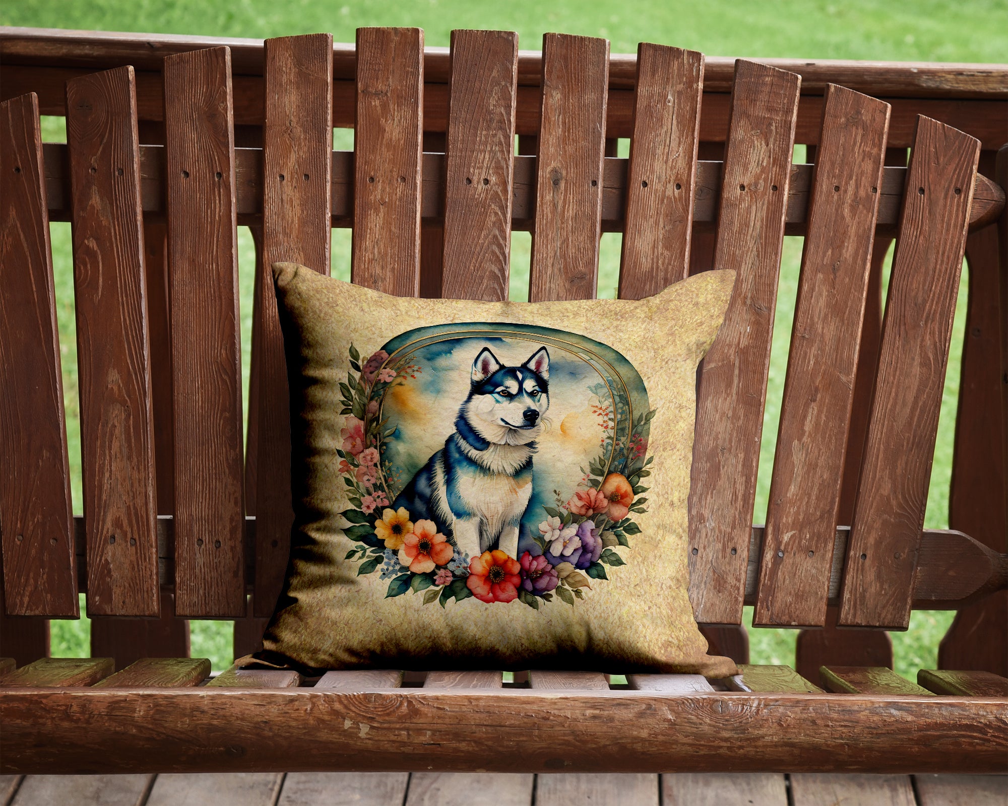 Siberian Husky and Flowers Fabric Decorative Pillow  the-store.com.