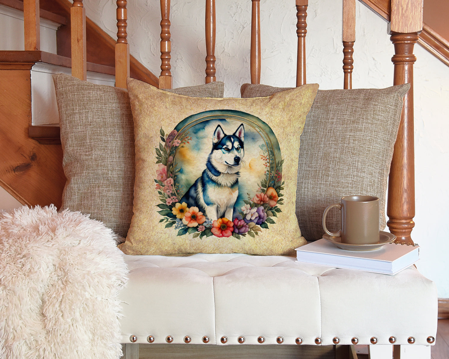 Siberian Husky and Flowers Fabric Decorative Pillow