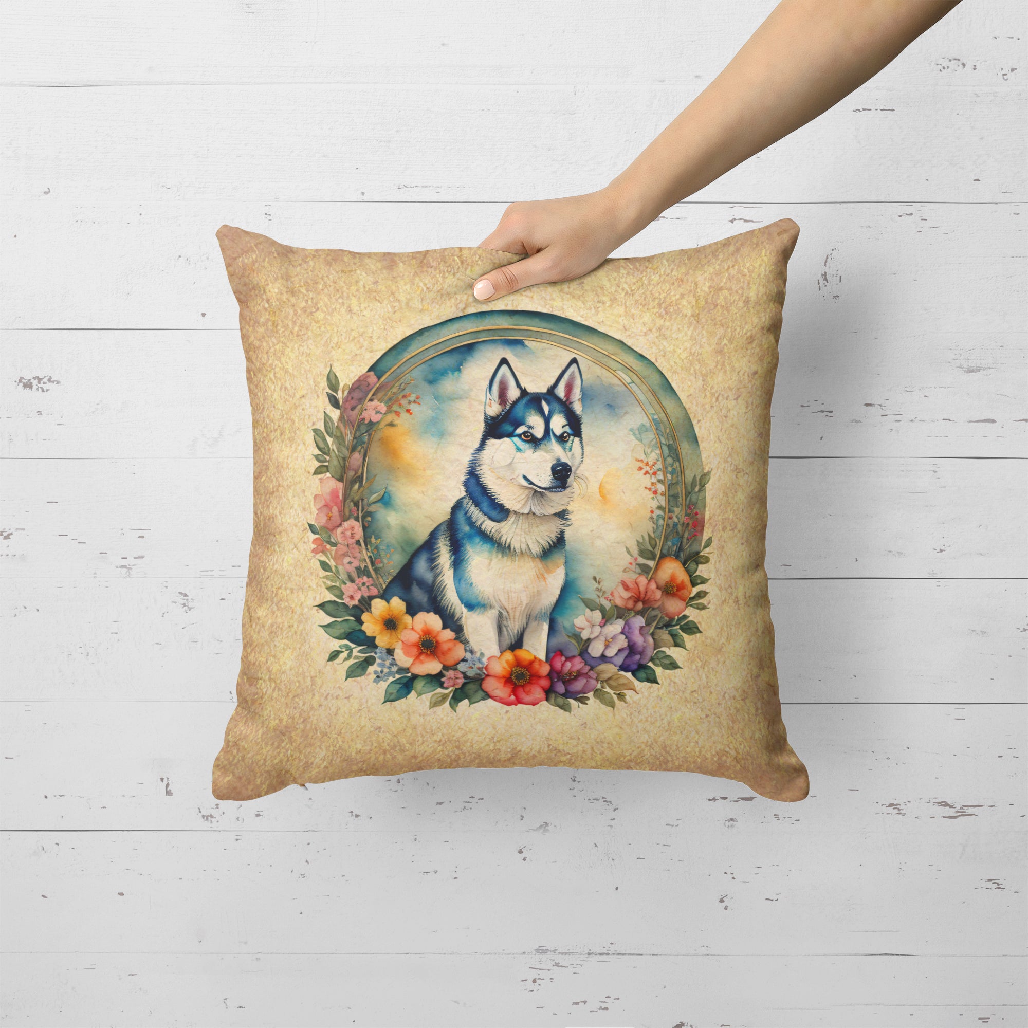 Siberian Husky and Flowers Fabric Decorative Pillow  the-store.com.