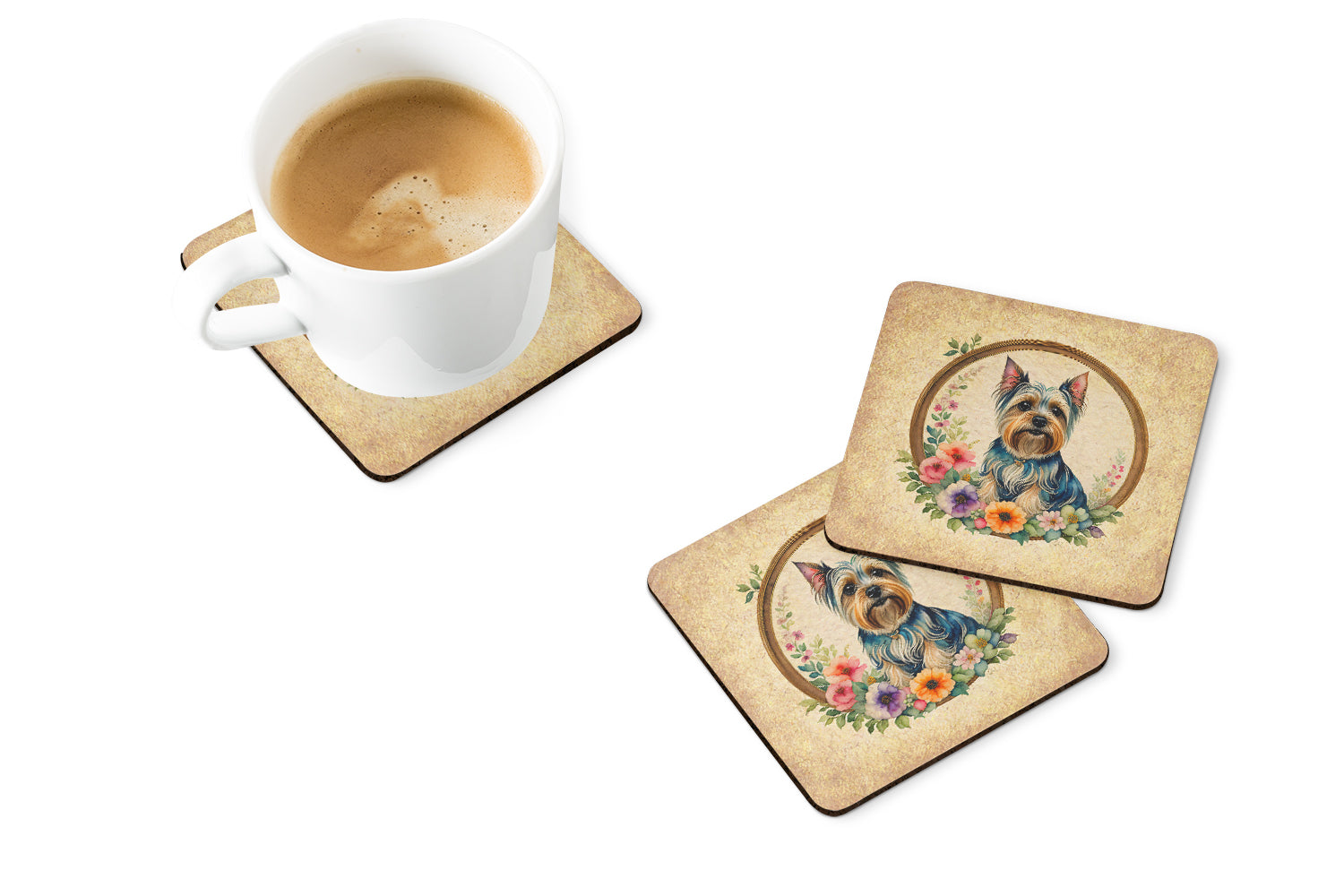 Silky Terrier and Flowers Foam Coasters  the-store.com.