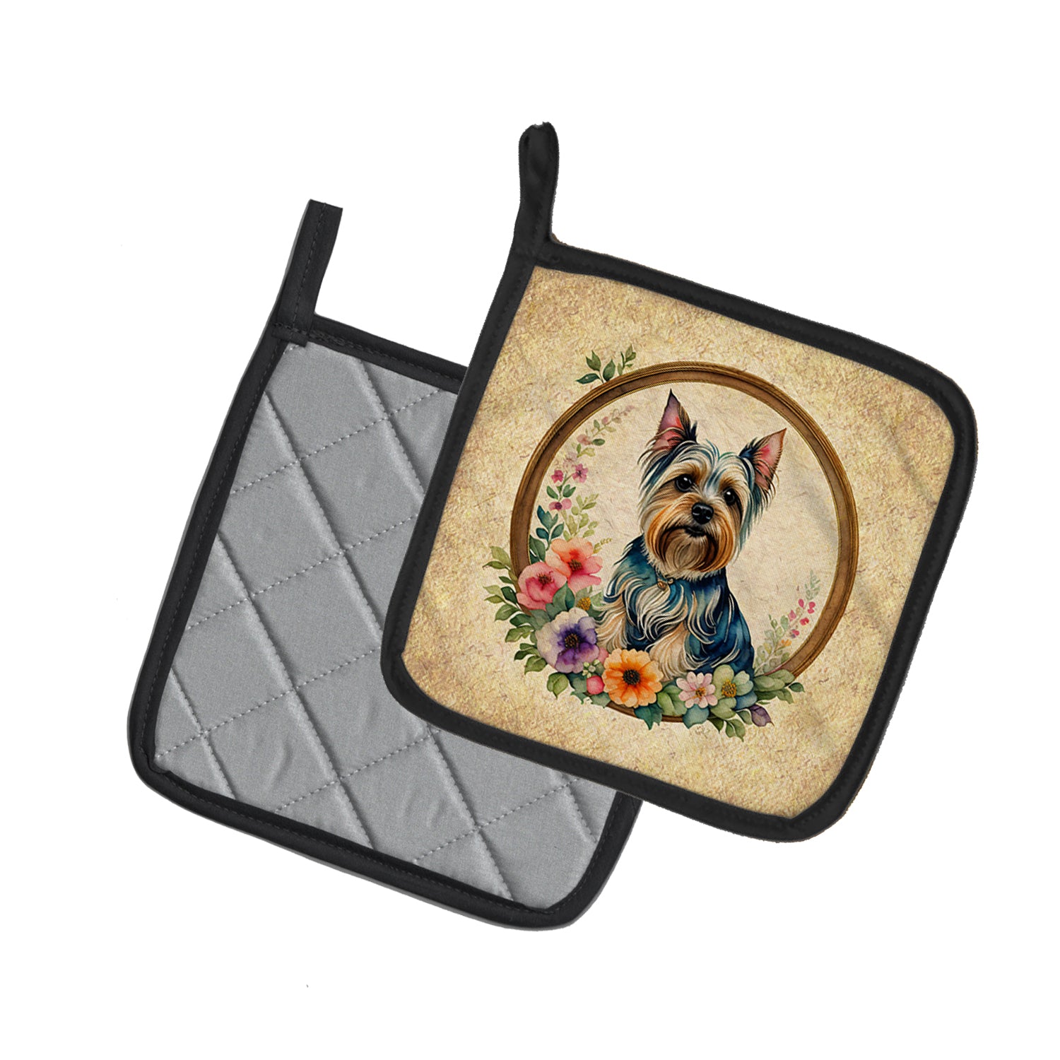 Silky Terrier and Flowers Pair of Pot Holders  the-store.com.