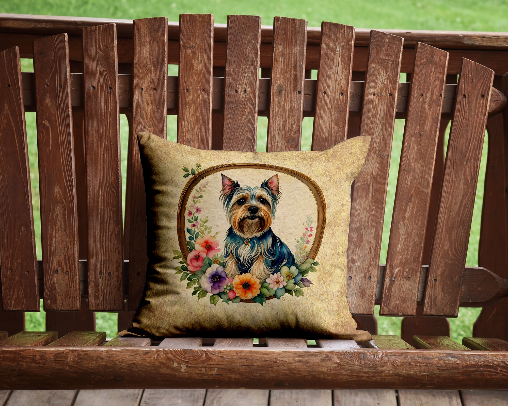 Silky Terrier and Flowers Fabric Decorative Pillow