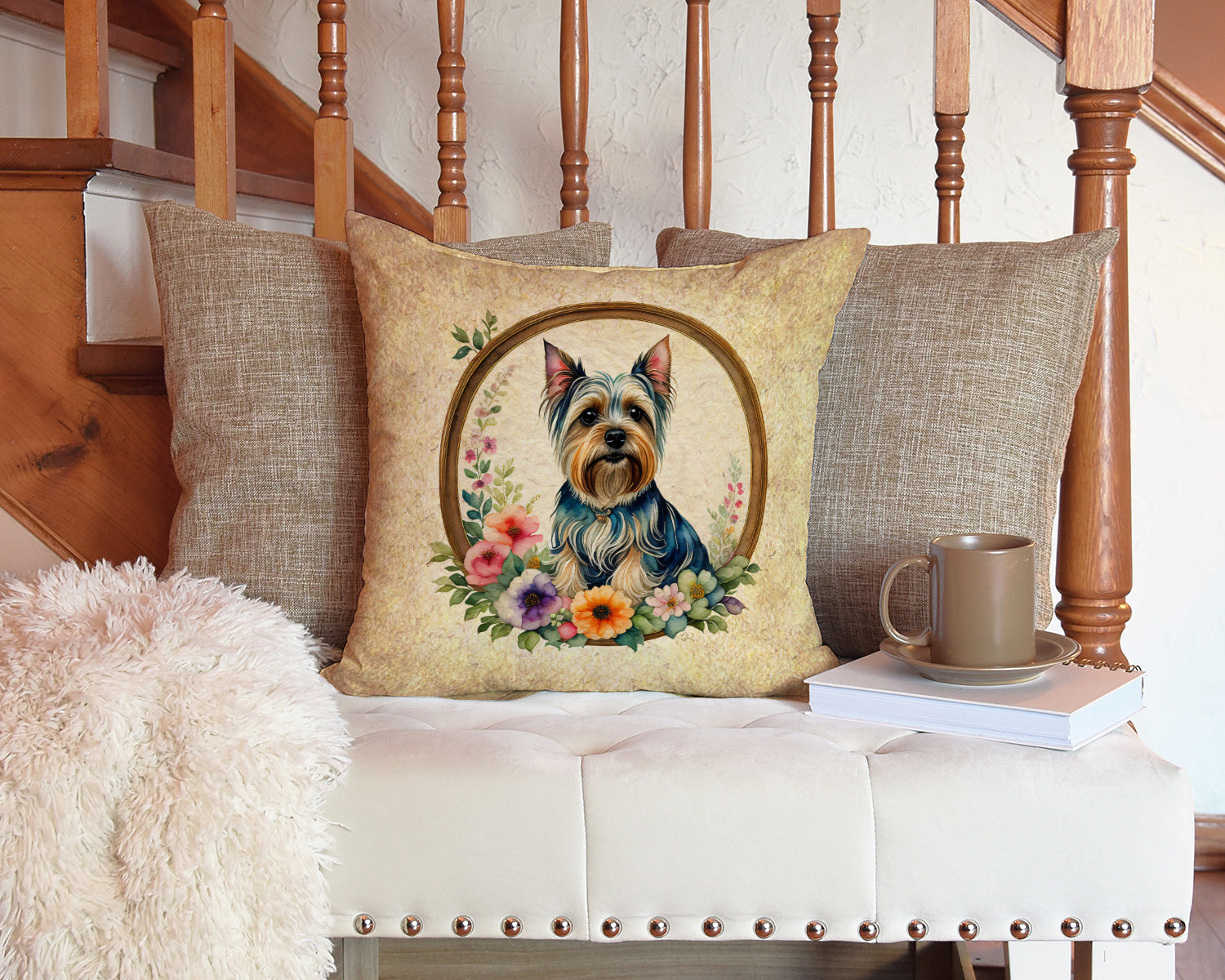 Silky Terrier and Flowers Fabric Decorative Pillow  the-store.com.