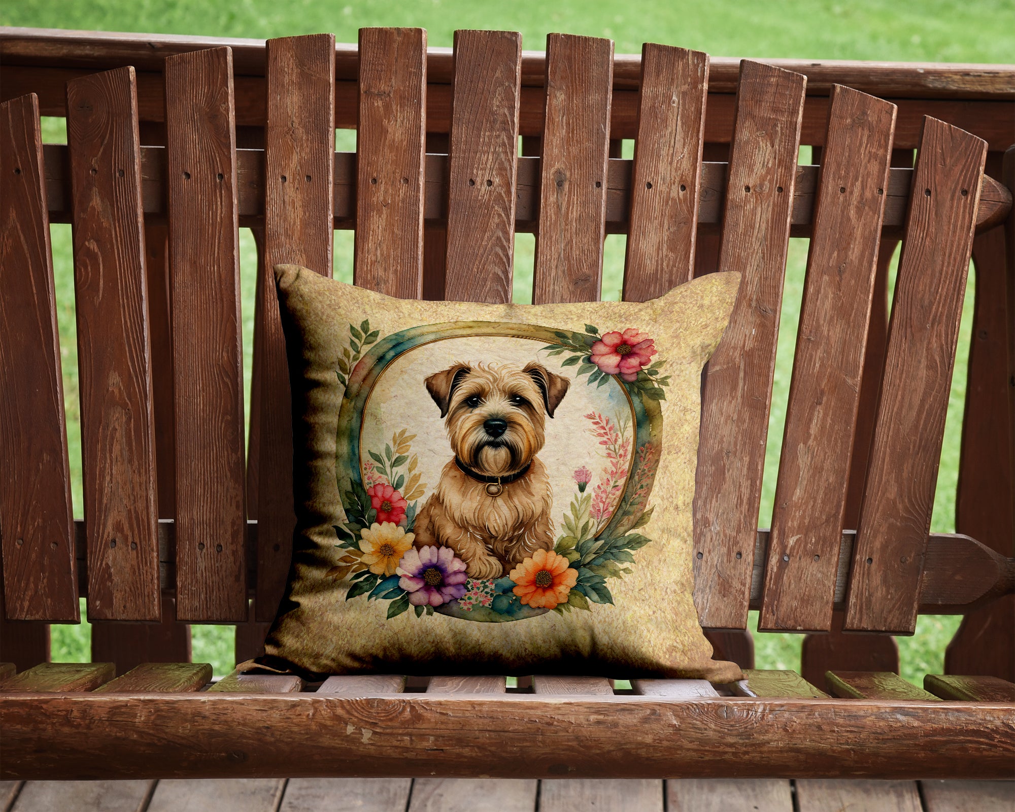 Wheaten Terrier and Flowers Fabric Decorative Pillow  the-store.com.