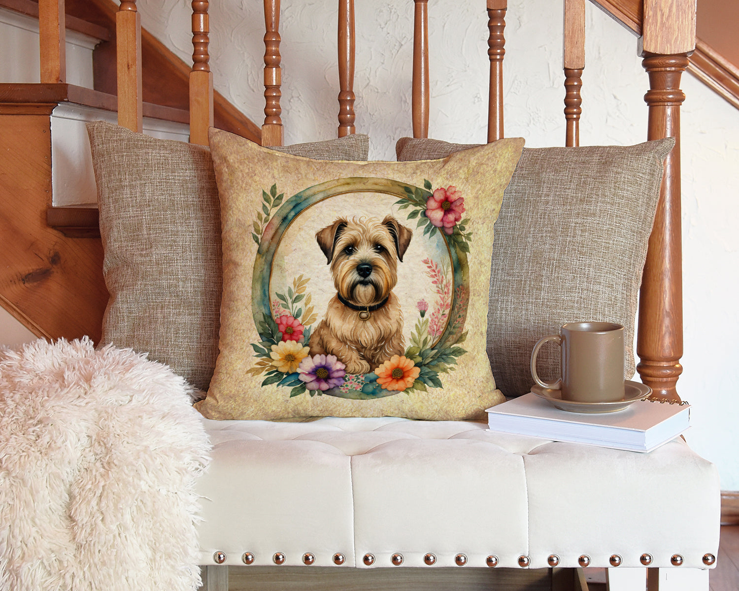 Wheaten Terrier and Flowers Fabric Decorative Pillow  the-store.com.