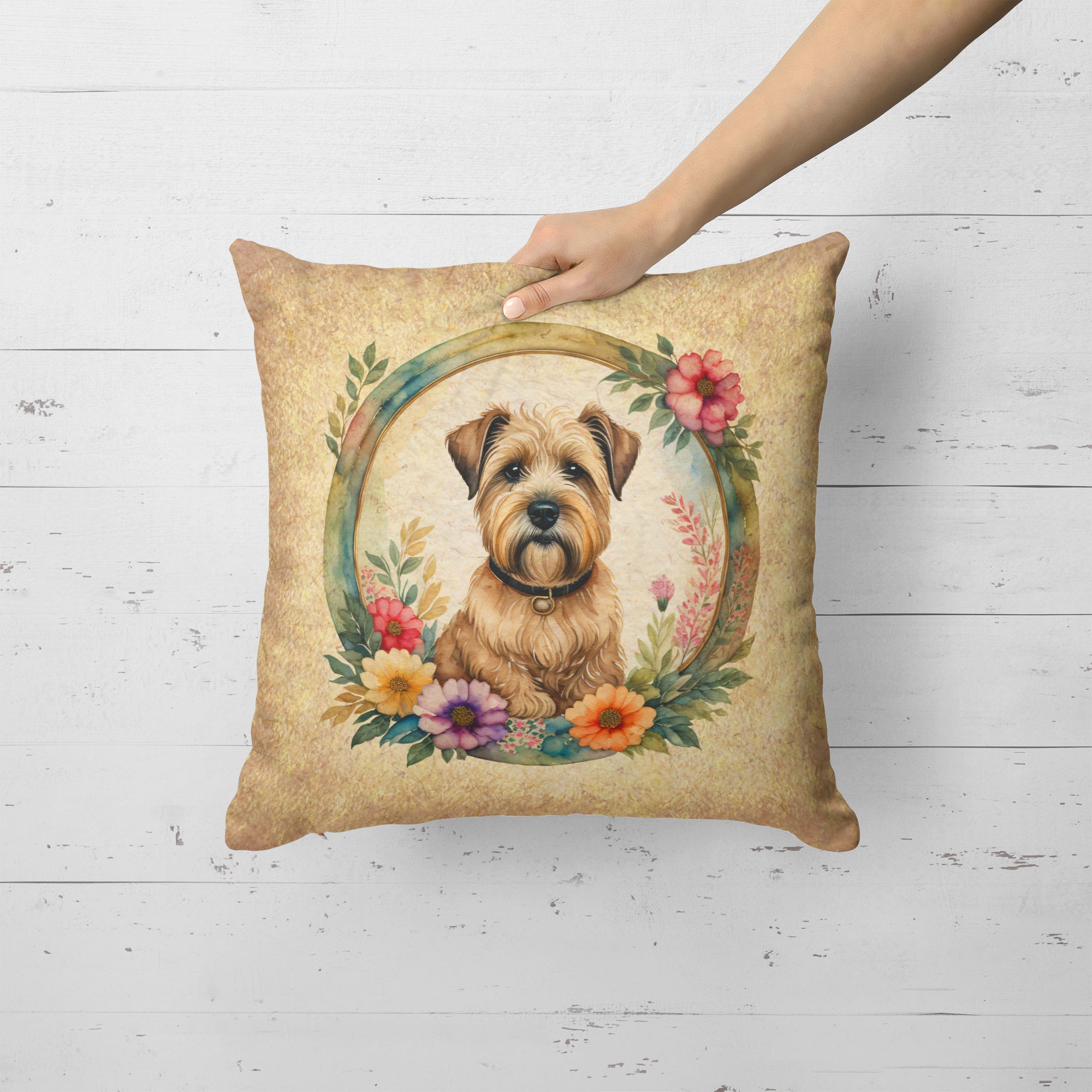 Wheaten Terrier and Flowers Fabric Decorative Pillow