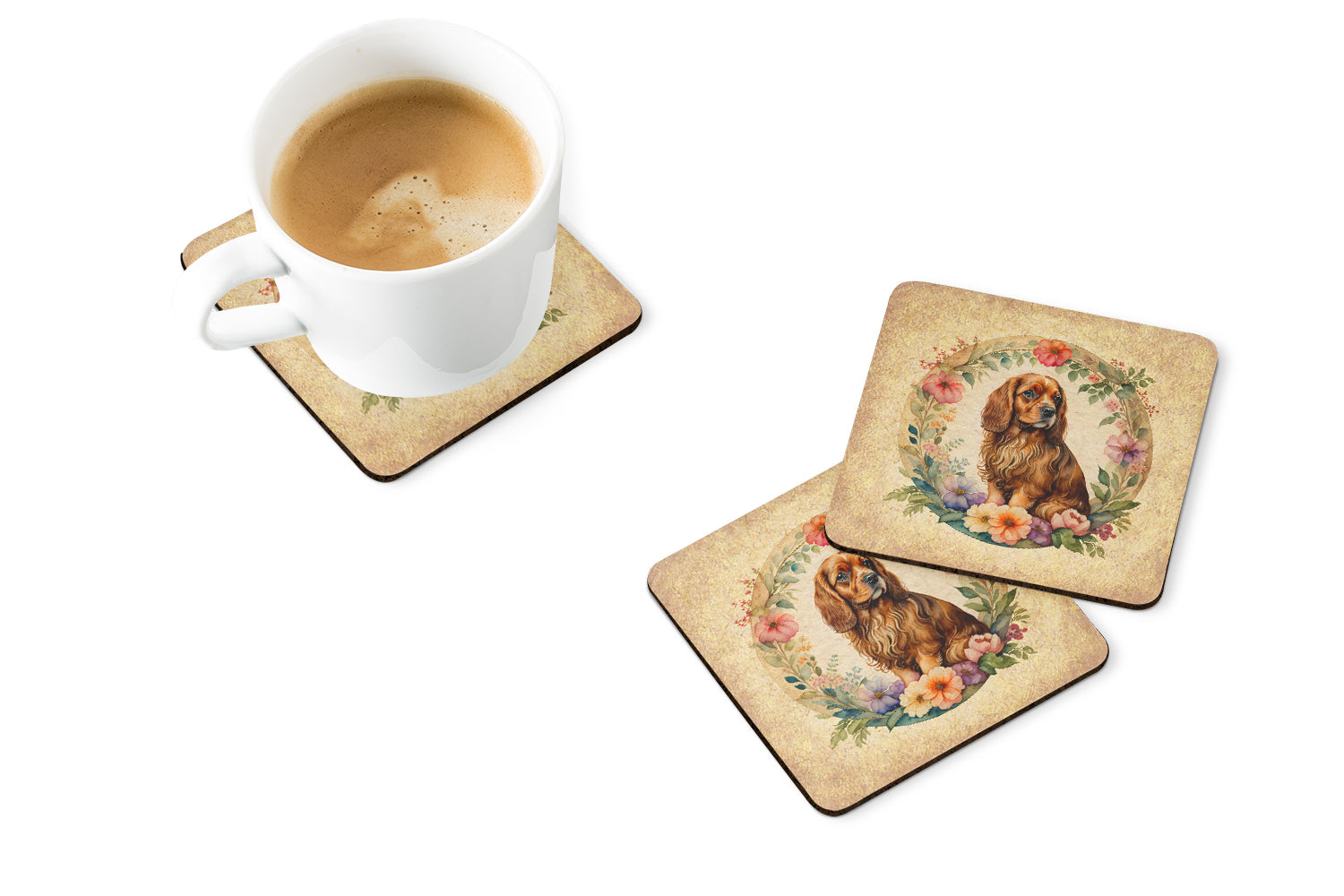 Sussex Spaniel and Flowers Foam Coasters  the-store.com.