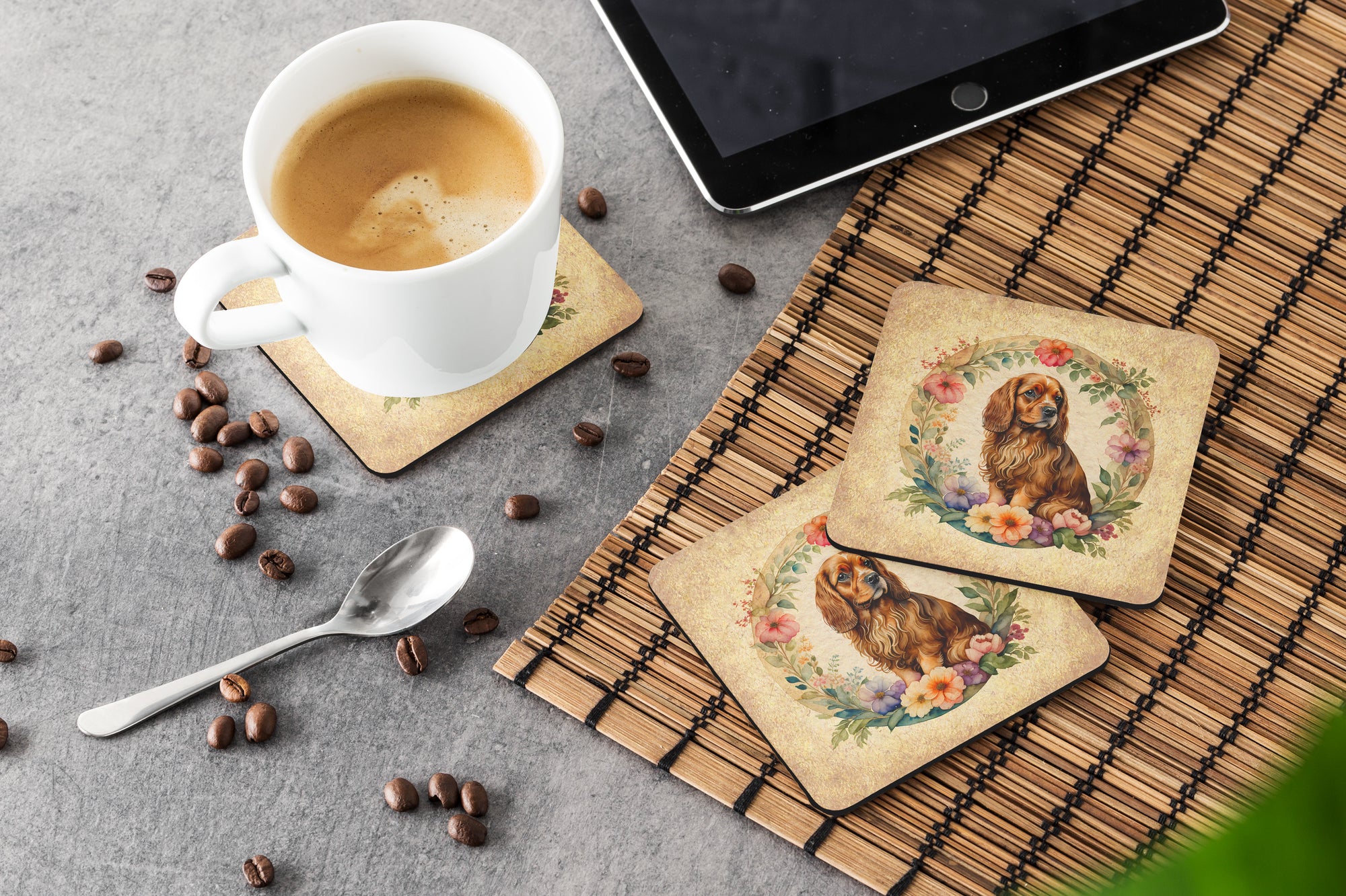 Sussex Spaniel and Flowers Foam Coasters  the-store.com.