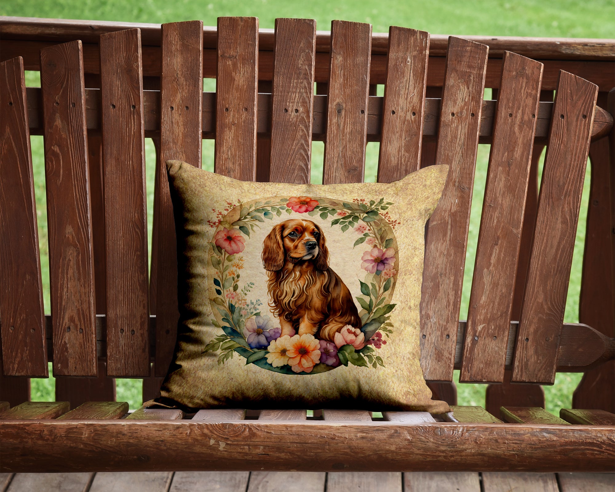 Sussex Spaniel and Flowers Fabric Decorative Pillow  the-store.com.