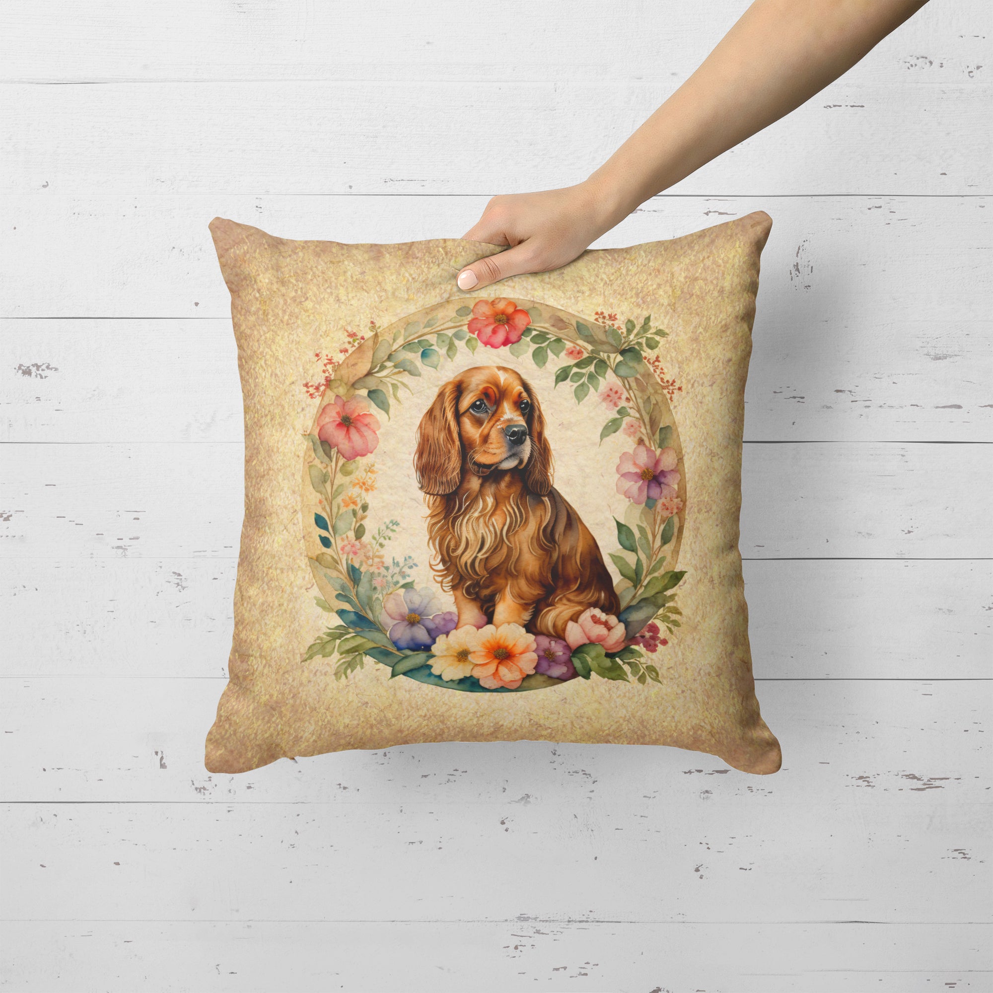 Sussex Spaniel and Flowers Fabric Decorative Pillow