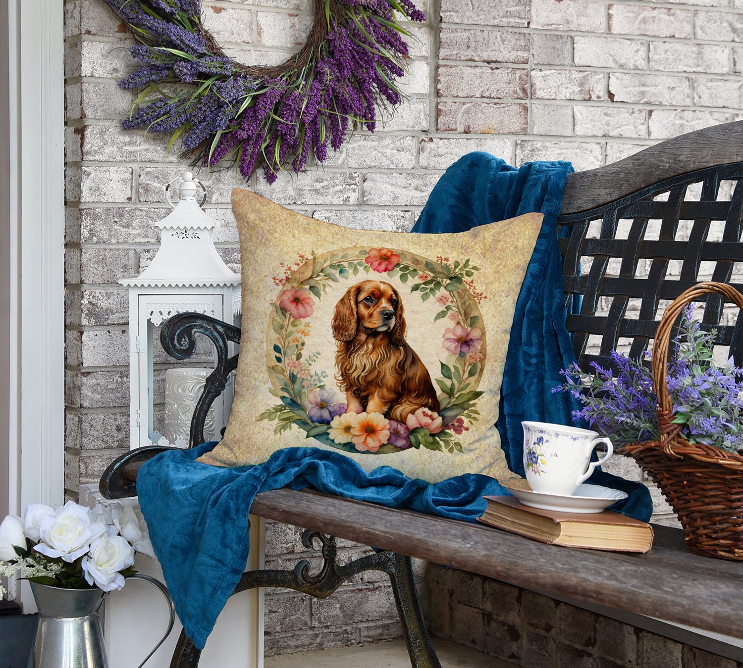 Sussex Spaniel and Flowers Fabric Decorative Pillow  the-store.com.