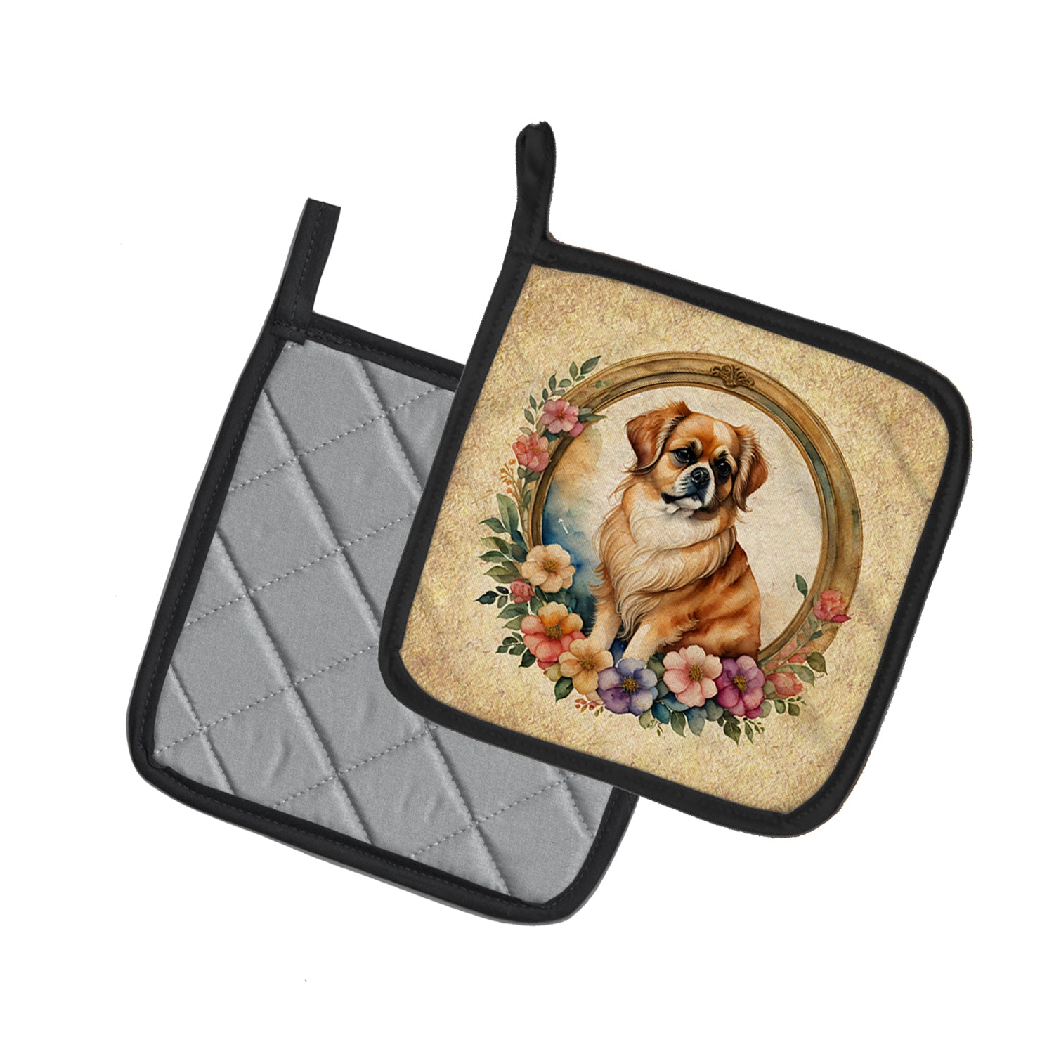 Tibetan Spaniel and Flowers Pair of Pot Holders