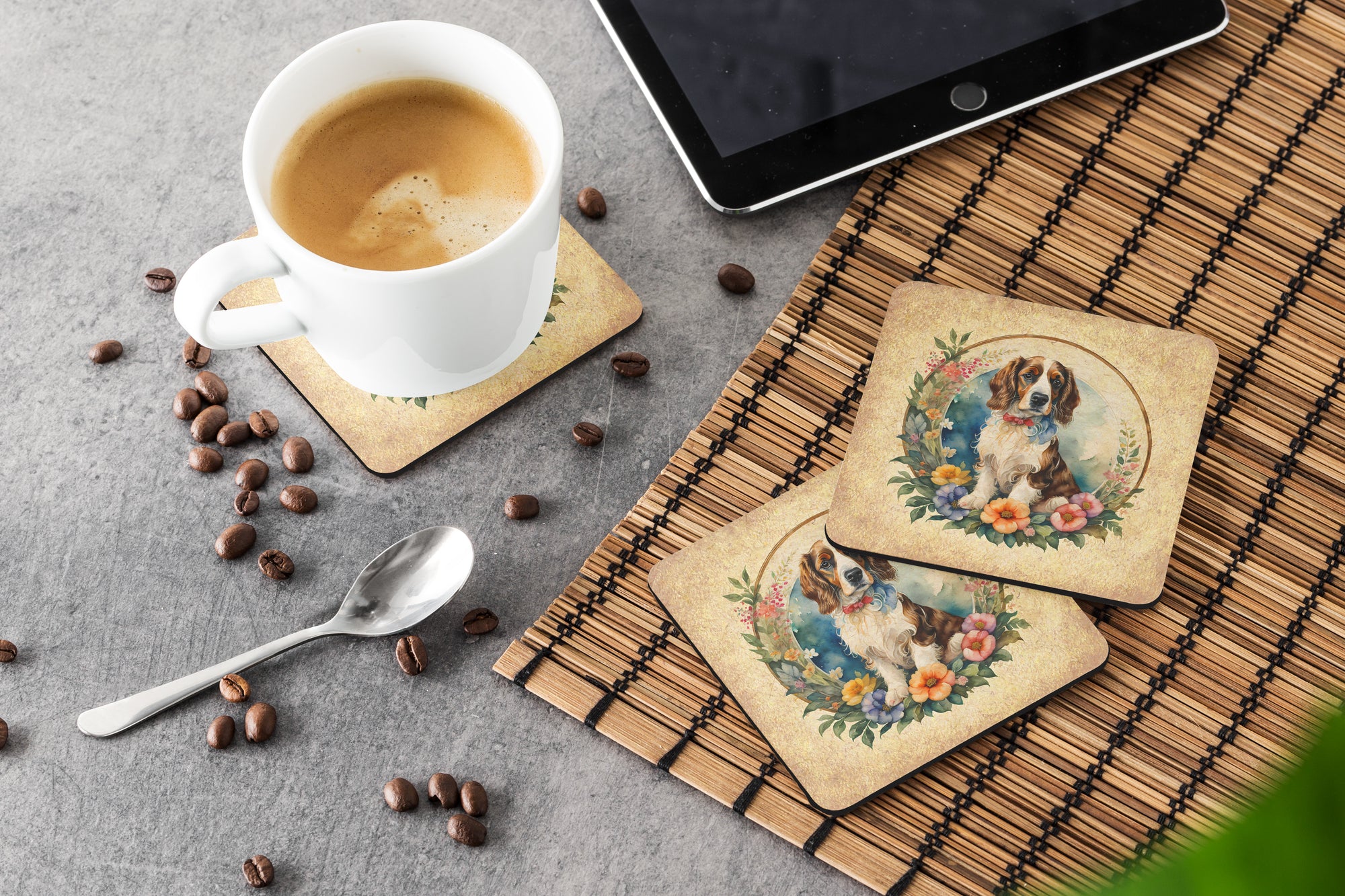 Welsh Springer Spaniel and Flowers Foam Coasters  the-store.com.