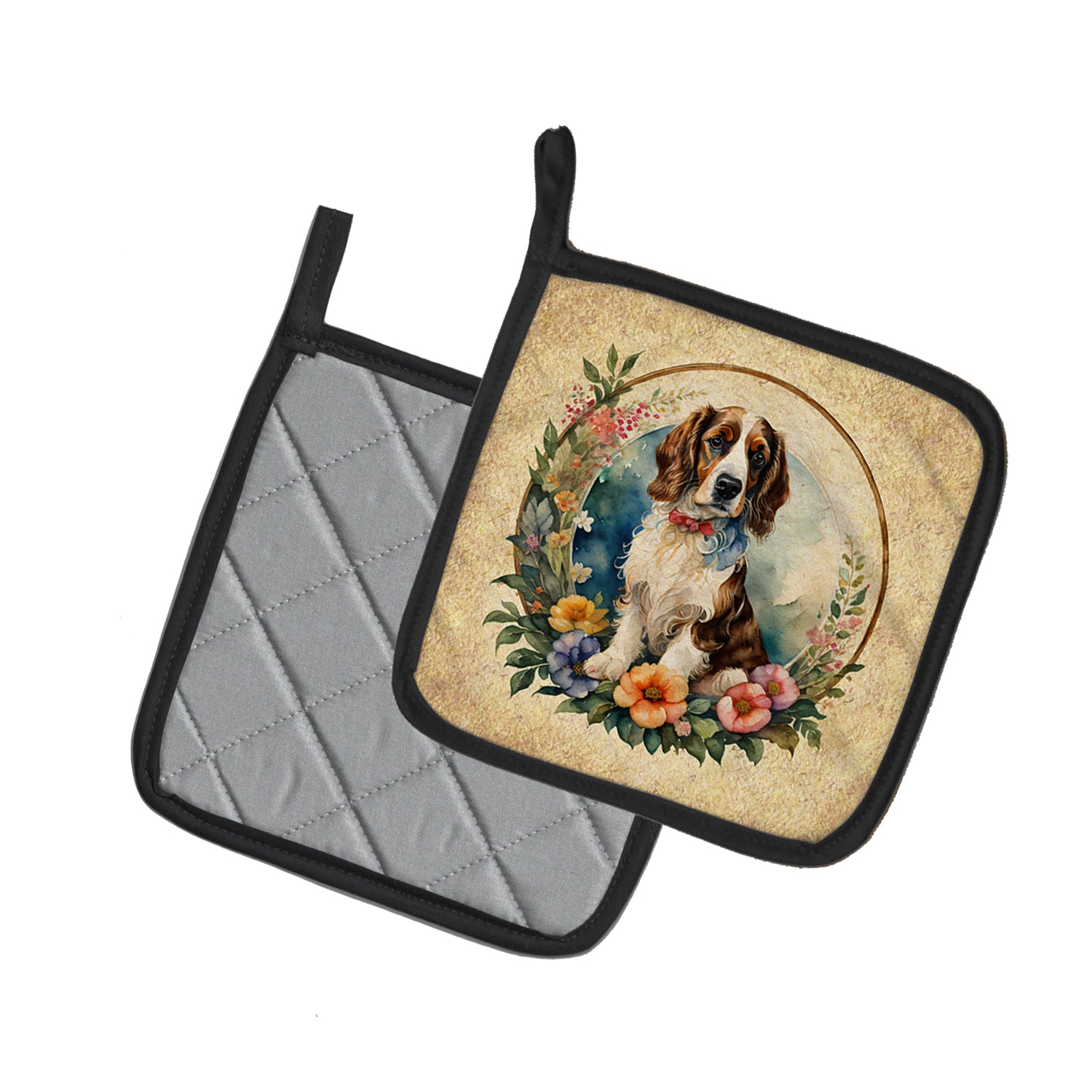 Welsh Springer Spaniel and Flowers Pair of Pot Holders  the-store.com.