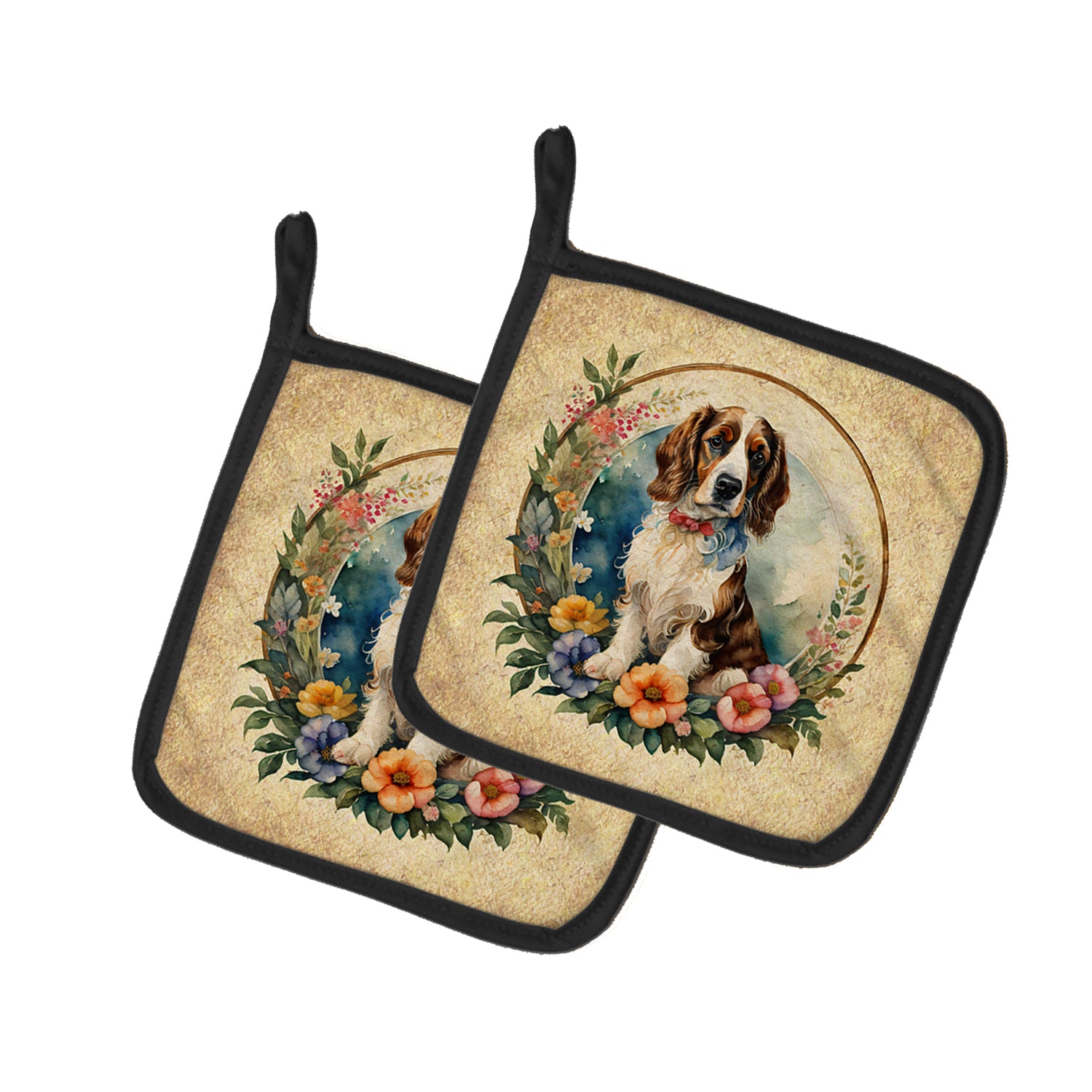 Buy this Welsh Springer Spaniel and Flowers Pair of Pot Holders